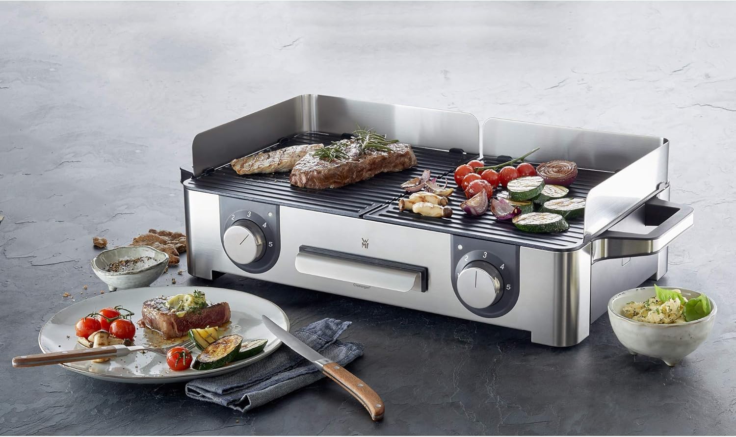 WMF Master-Grill électrique, 2400W, Grande surface 28x50cm, Revêtement antiadhésif, Plaques amovibles compatibles lave-vaisselle, Inox 18/10 Cromargan, Lono 0415280011