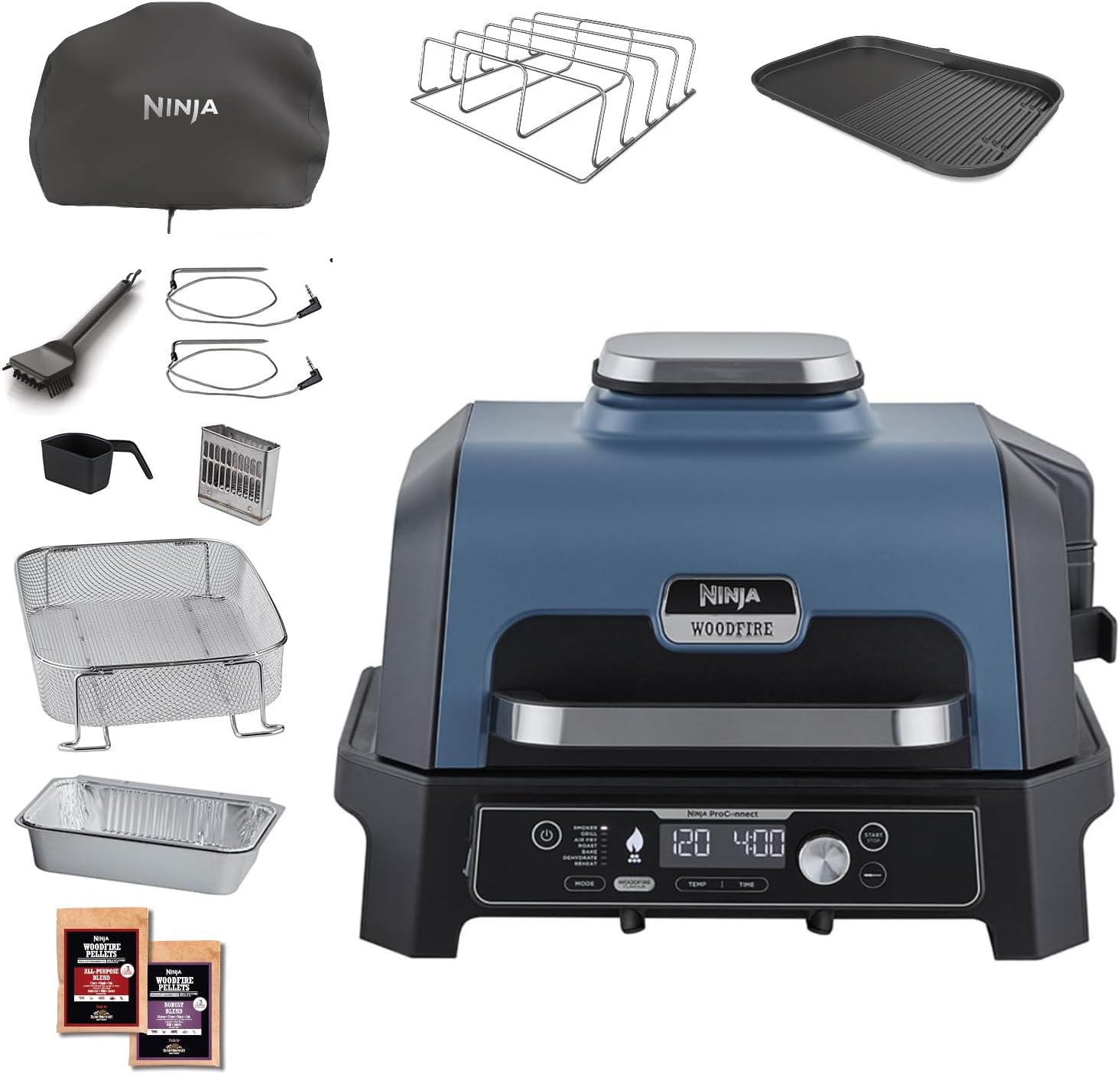 Ninja Woodfire Barbecue électrique et fumoir Pro XL avec thermomètre, barbecue et Air fryer d'extérieur 4-en-1 avec système Smart Cook et granulés Woodfire, portatif, gris/noir, OG850EU