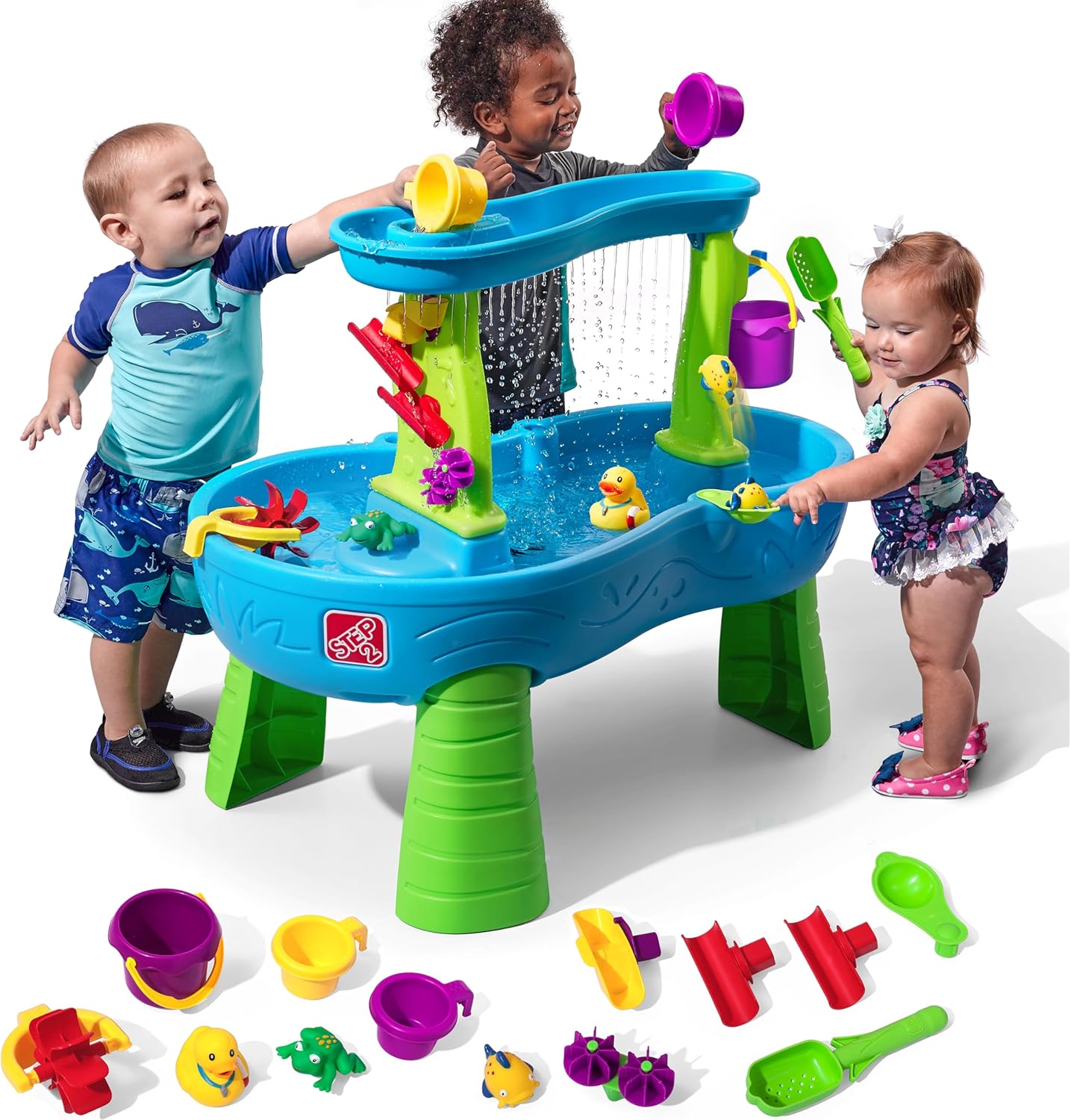Step2 Rain Shower Splash Table d'eau avec 13 Accessoires - Bleu & Vert | Table Jeux d'eau | Table d’activité pour Le Jardin, Table Activité Eau | Table d'eau Extérieur