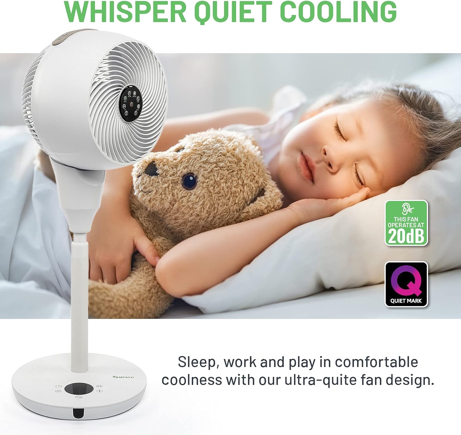 Meaco MeacoFan 1056 Circulateur d'air pour chambre à coucher, ventilateur de bureau, faible bruit, économie d'énergie, refroidissement dans toute la pièce - Blanc