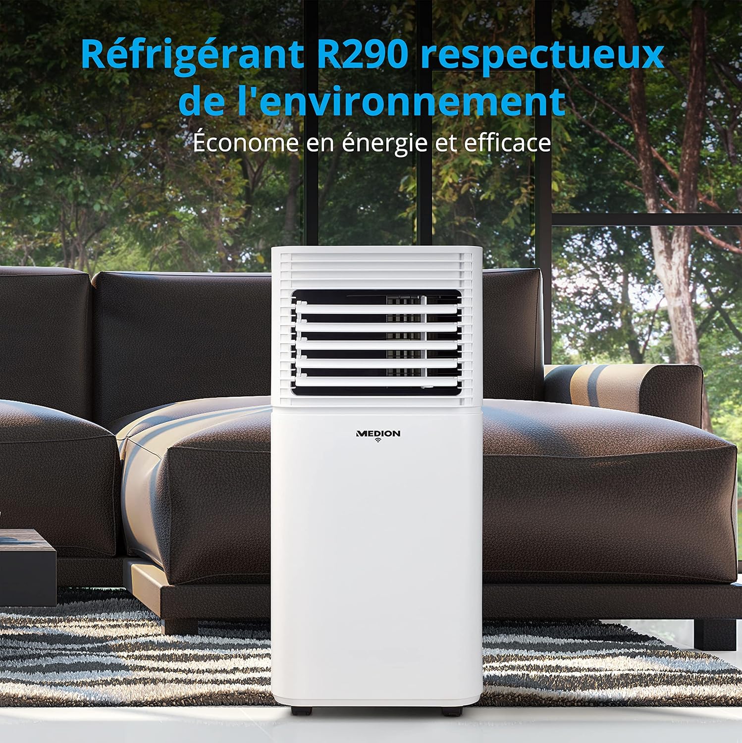 MEDION Smart Climatiseur Mobile P1002 (10000 BTU, 3-en-1, Refroidir, Déshumidification, Ventilation, jusqu'à 34m², kit de joint de fenêtre, mode sommeil, contrôle Wifi, Télécommande, Écran, MD 37733)