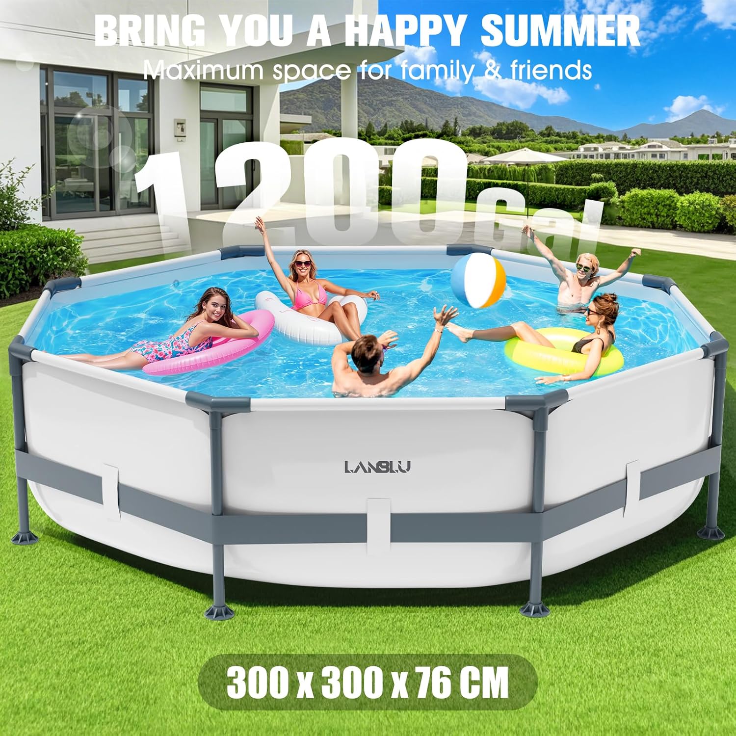LanBlu Piscine Tubulaire Ronde 300 x 300 x 76cm, Piscine Hors Sol Ronde avec Matériau Anti-Crevaison, Grande Piscines Steel Frame Adulte Vidange Rapide, Piscines Tubulaire Jardin pour Toute la Famille