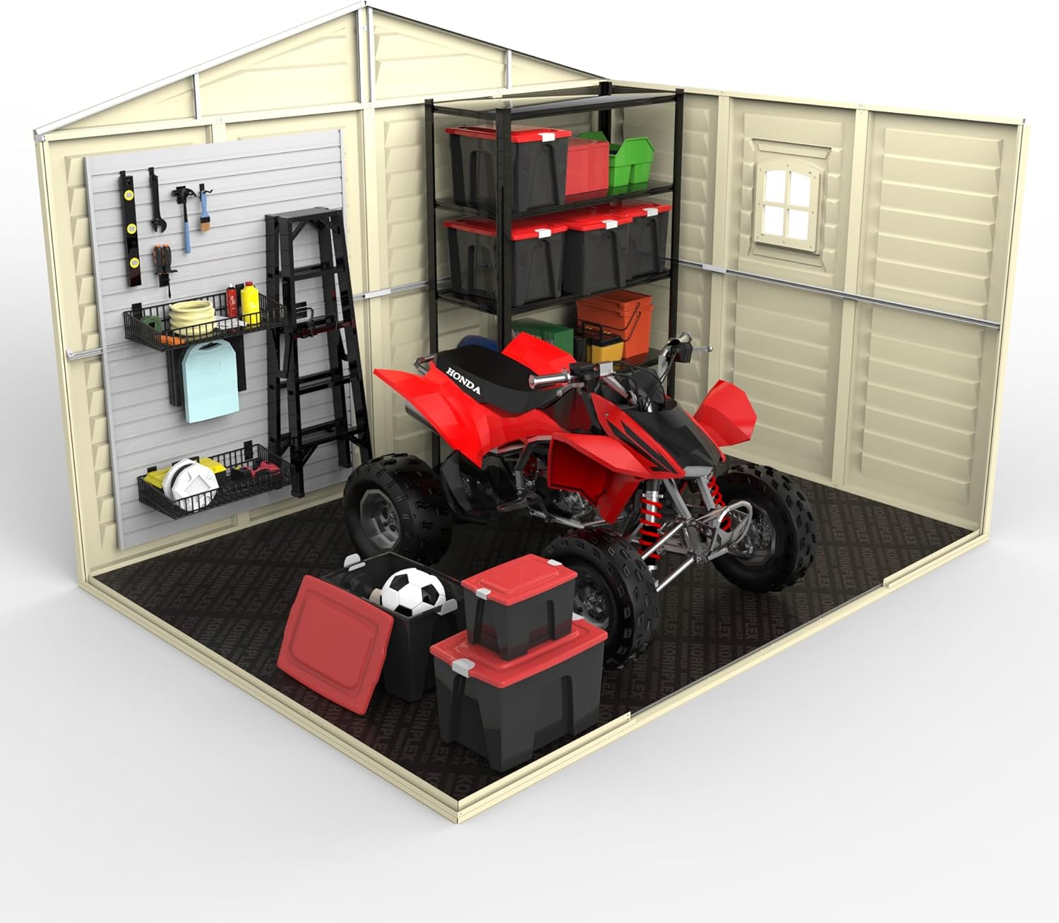 Duramax WoodBridge Plus 10 x 8 (7.64 m²) Abri de jardin en plastique avec 1 fenêtre fixe et kit de fondation en métal, structure de toit en métal robuste et abri de jardin sans entretien - Ivory/Brown