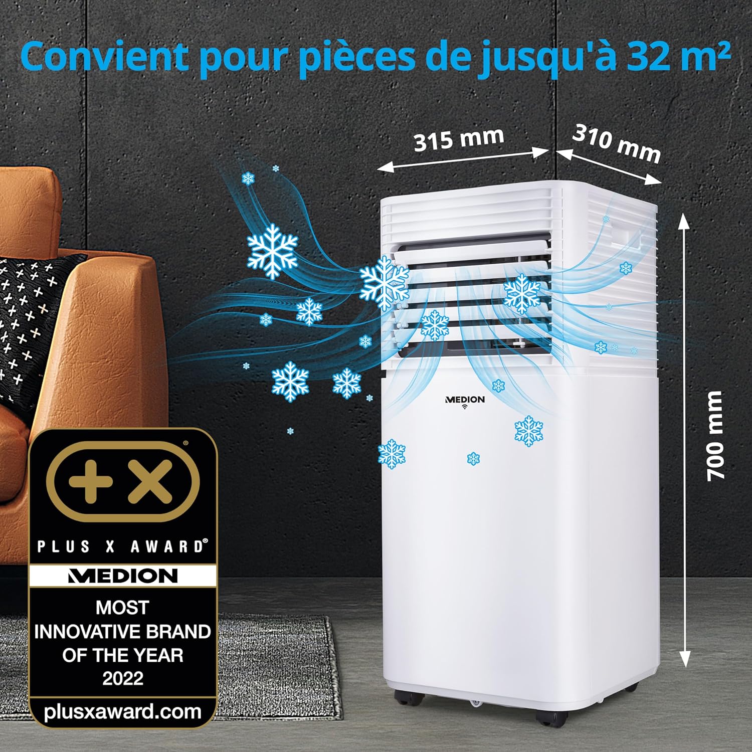 MEDION Smart Climatiseur Mobile P1002 (10000 BTU, 3-en-1, Refroidir, Déshumidification, Ventilation, jusqu'à 34m², kit de joint de fenêtre, mode sommeil, contrôle Wifi, Télécommande, Écran, MD 37733)