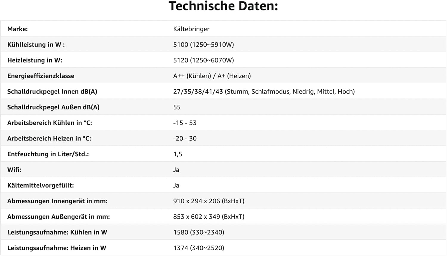 Kältebringer Climatiseur Split - 18000 BTU (5,1 kW) - Avec fonction chauffage, WiFi et App - très silencieux & économe en énergie - kit complet, 5m conduite de frigorigène, R32, matériel de montage