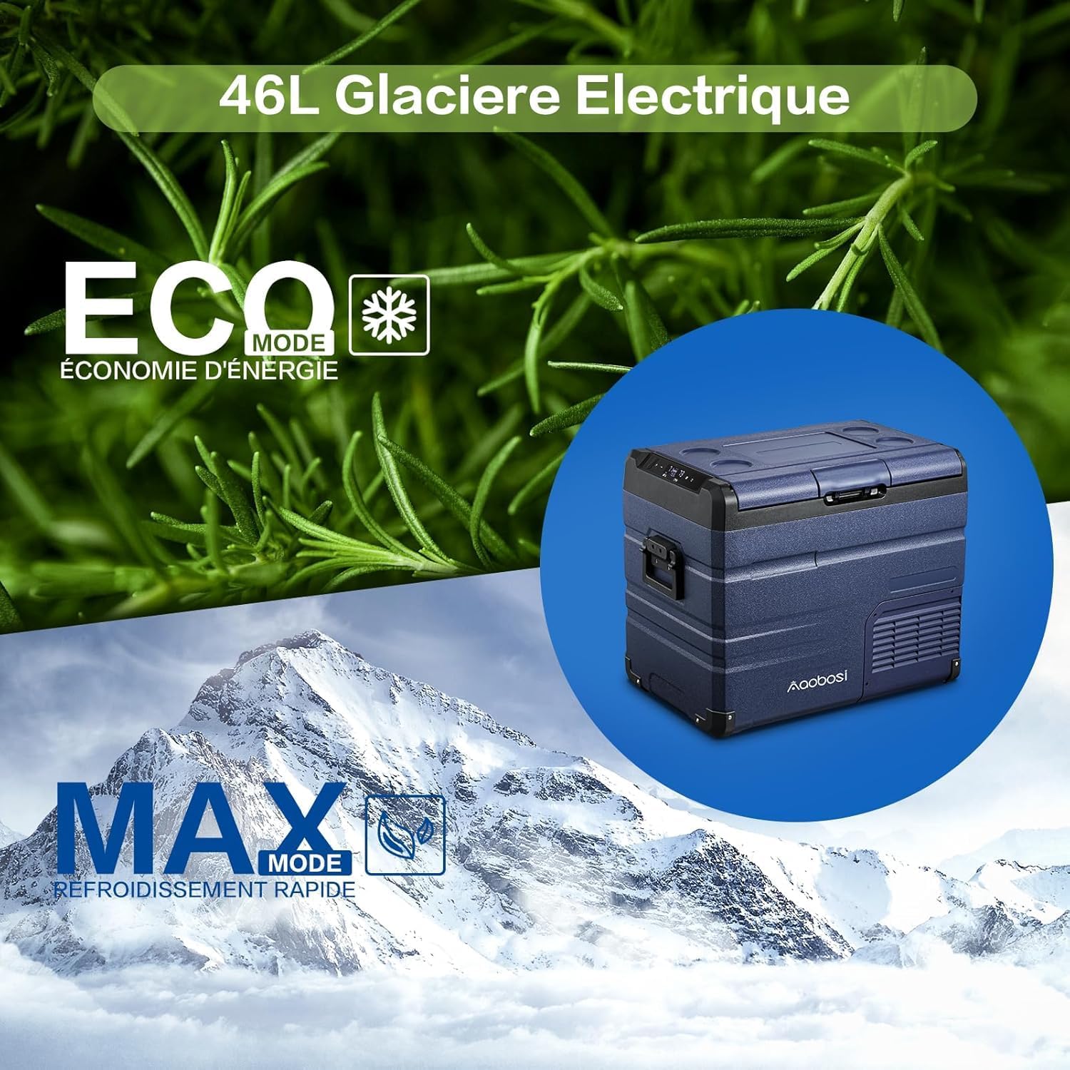 AAOBOSI 46 L Glaciere a Compression, Glaciere Electrique Double Zone, 12 V/24 V et 100-240 V Frigo Camping, -20 ℃ à 20 ℃, pour Voiture, Camion, Bateau, Camping-Car