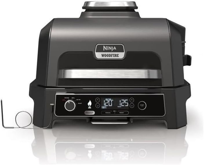 Ninja Woodfire Barbecue électrique et fumoir Pro XL avec thermomètre, barbecue et Air fryer d'extérieur 4-en-1 avec système Smart Cook et granulés Woodfire, portatif, gris/noir, OG850EU