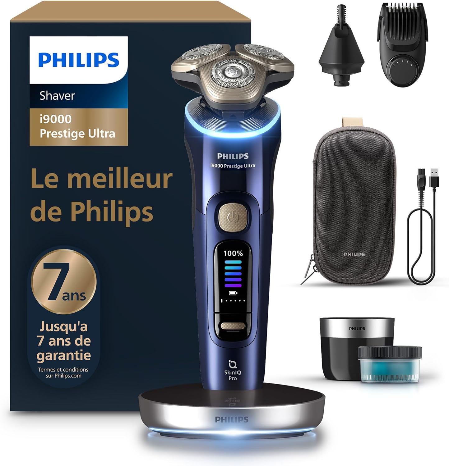 Philips Rasoir i9000 Prestige Ultra, Rasoir électrique 100% étanche, Technologie Skin IQ Pro, Système Triple Lift & Cut, Lames de précision NanoTech rotatives 360°, 5 modes de rasage, XP9401/38