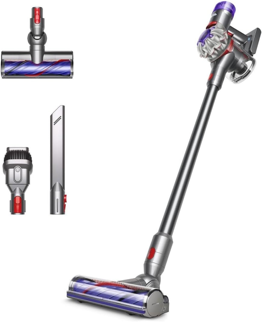 Dyson V8 Advanced™ Aspirateur Balai sans Fil – 130 AW, 40 Min d’autonomie, Brosse Motorbar Auto-démêlante, Accessoires combinés, Station Murale, Argent/Nickel