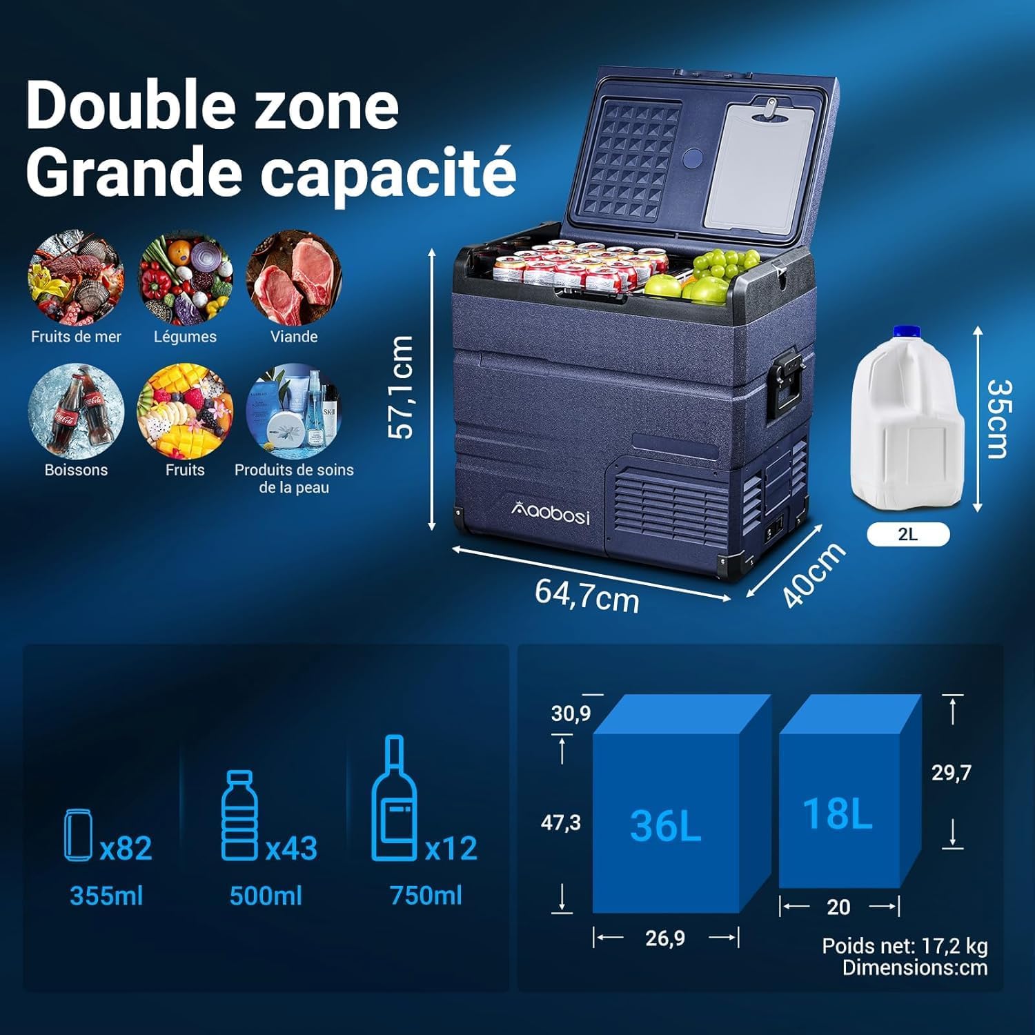 AAOBOSI 46 L Glaciere a Compression, Glaciere Electrique Double Zone, 12 V/24 V et 100-240 V Frigo Camping, -20 ℃ à 20 ℃, pour Voiture, Camion, Bateau, Camping-Car