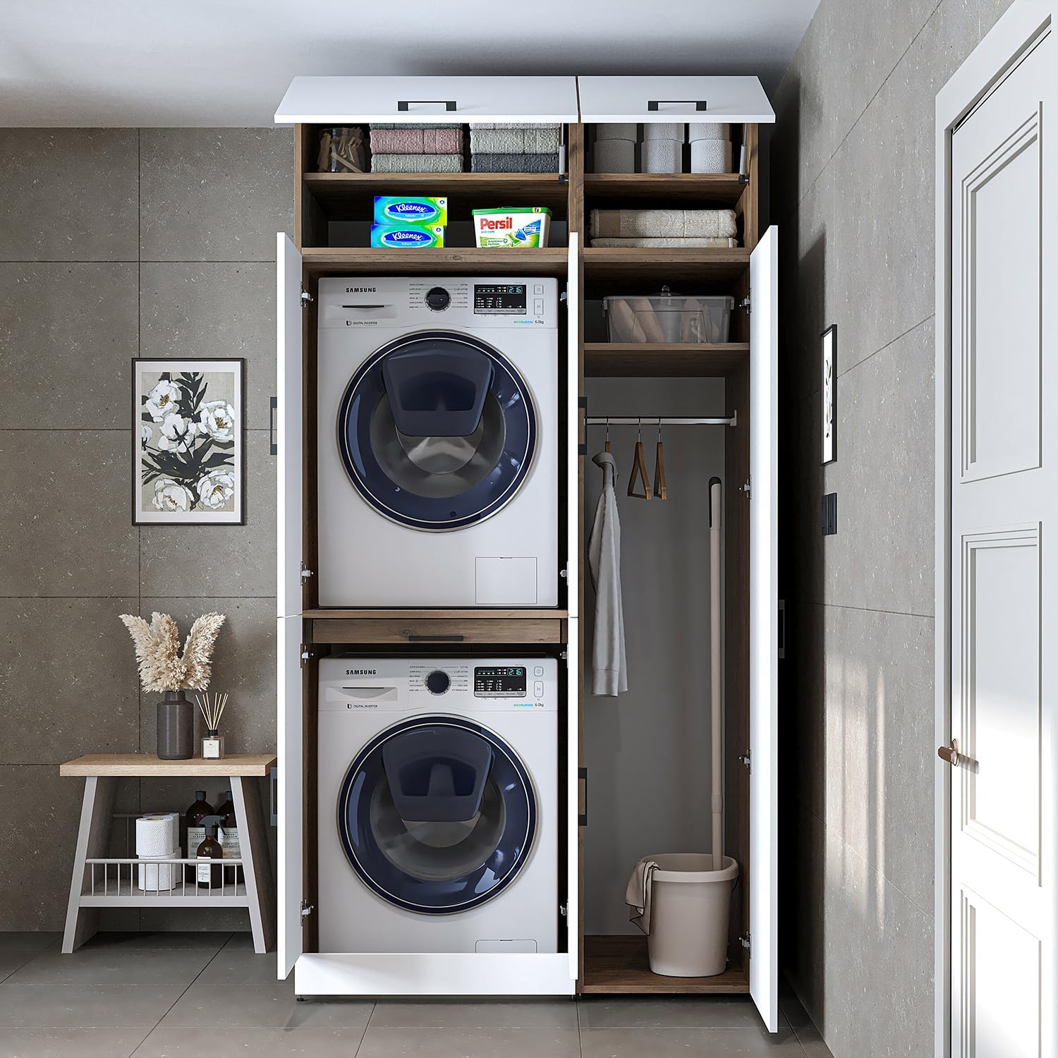 ROOMART Dora - Armoire de machine à laver - Pour sèche-linge et machine à laver - En 4 couleurs - Avec portes et panneau coulissant - Blanc - Chêne blanc - Chêne anthracite - Chêne blanc (chêne blanc)
