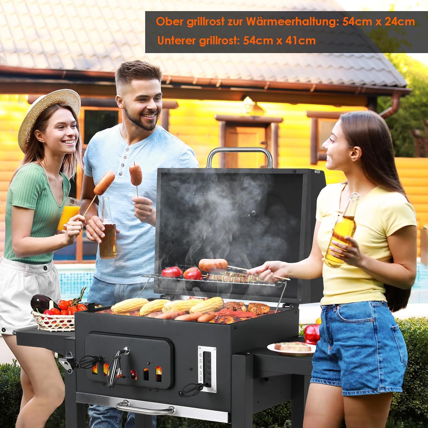 Barbecue Charbon de Bois XL, Chariot à Barbecue, Grill XL à Charbon avec Couvercle, Roues et Thermomètre, Réglable en Hauteur, Grand Barbecue au Charbon de Bois, pour Camping et Jardin, Noir