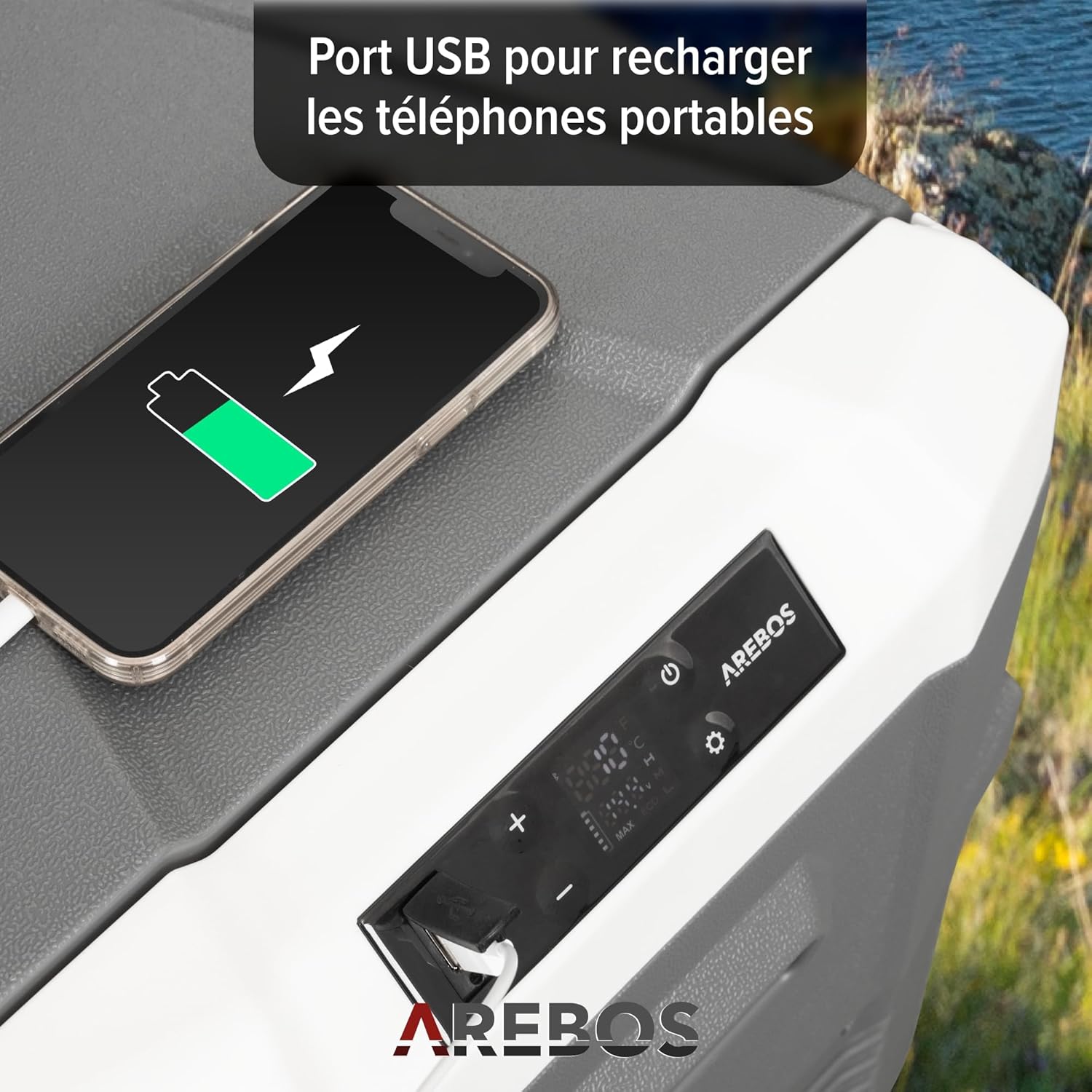 Arebos Glacière compresseur 26 l | Glacière électrique avec application et contrôle intelligent | Réfrigérateur mobile avec port USB | jusqu'à -20 °C | 12/24 V 230 V | Pour voiture, camion, camping,