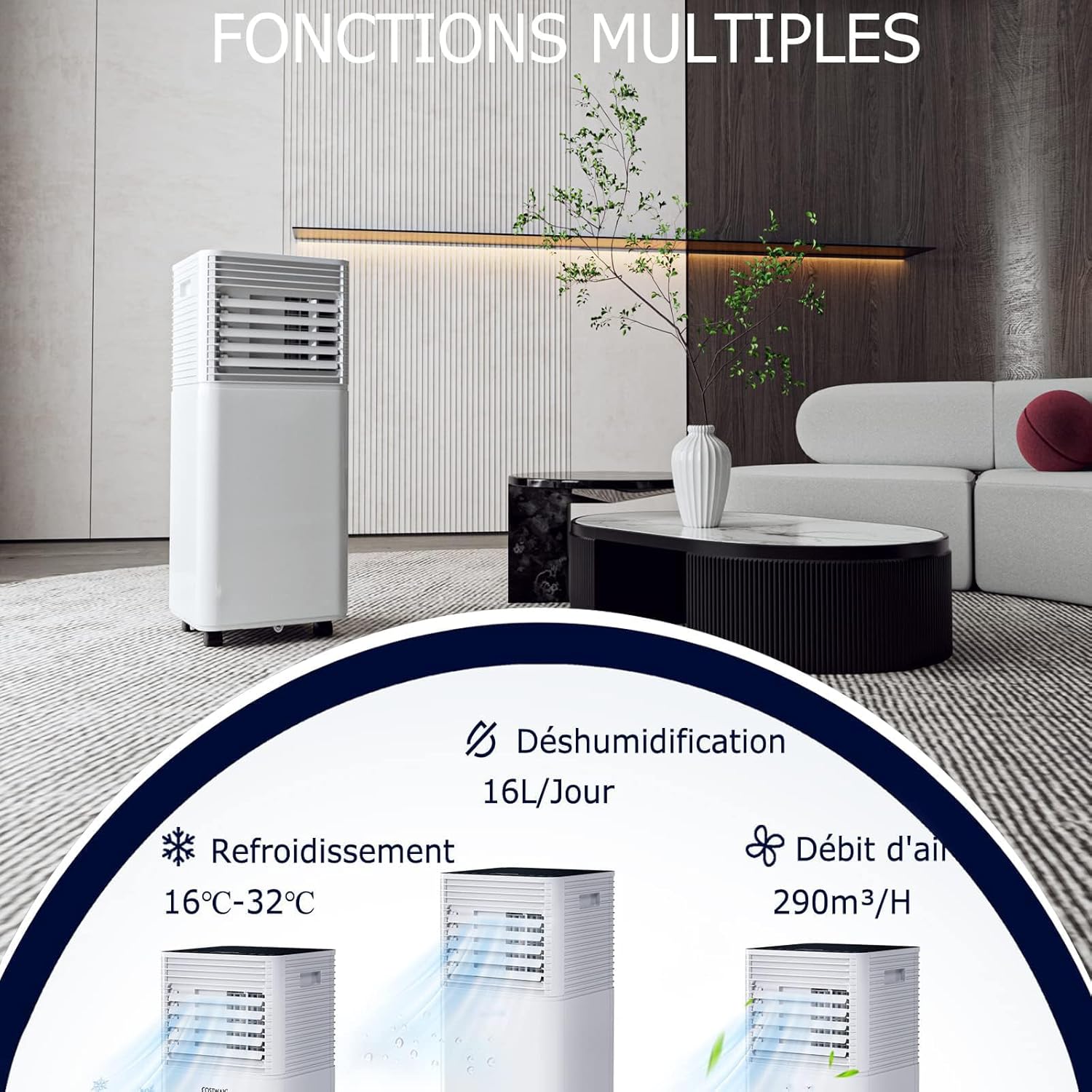 GOPLUS Climatiseur Mobile 9000BTU 2,6kW, Climatiseur 4 en 1 Fonction de Refroidissement, Déshumidification, Ventilation, Mode Nuit, Minuterie 24H, Contrôle Télécommande/Écran, 20㎡, Noir, R290