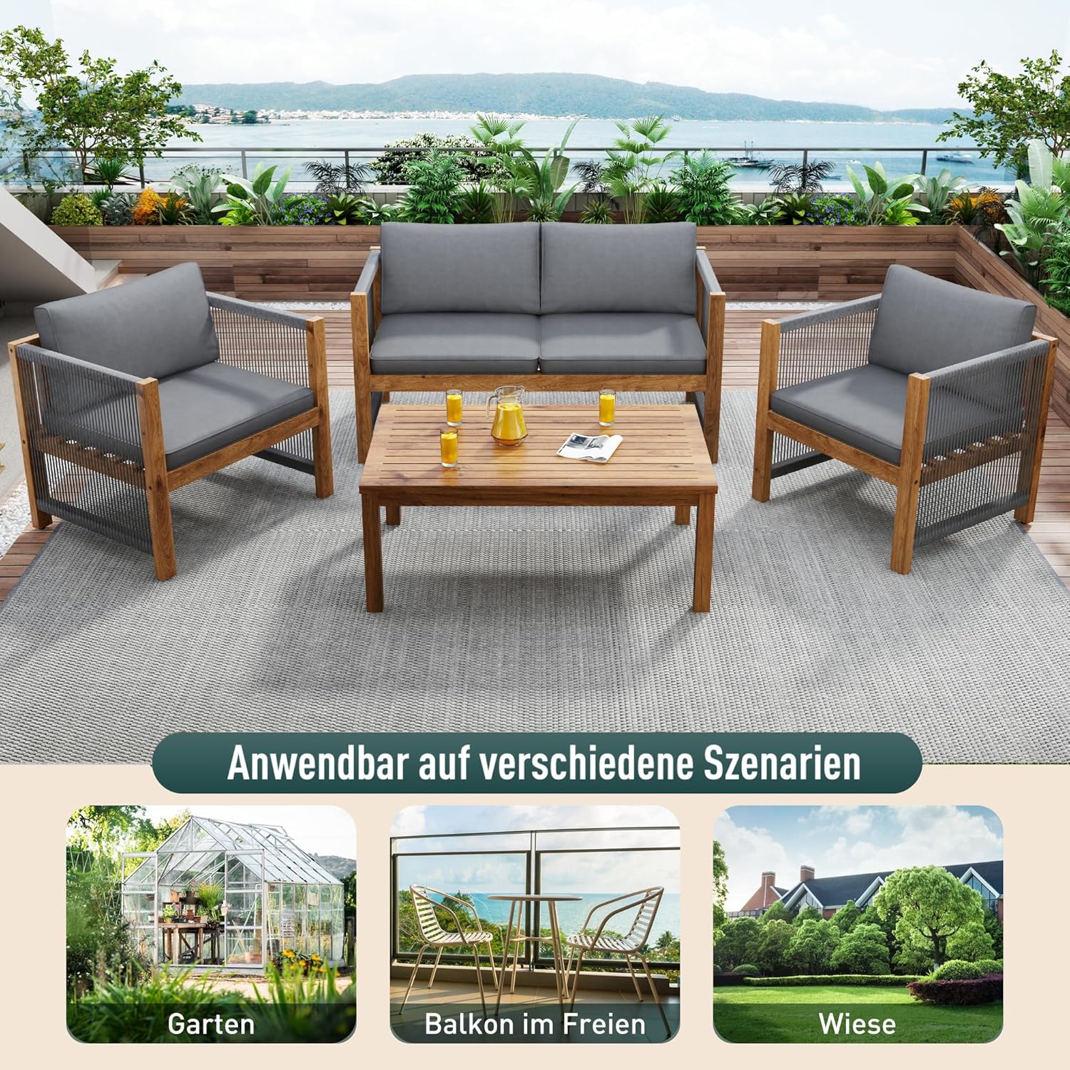 Zepneiy Salon de Jardin, Salon de Jardin 4 Personnes, avec canapé, Table Basse et Coussins, Housse en Tissu déhoussable et Lavable, Noir (Coussins d'assise Inclus)