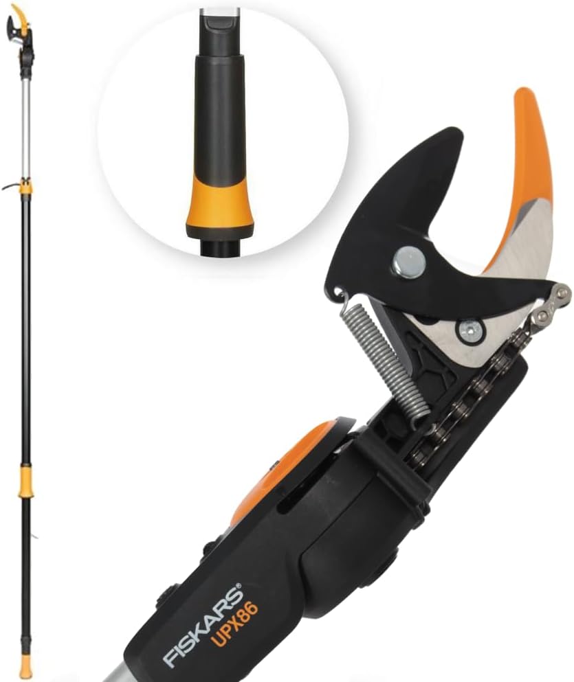 Fiskars Coupe-Branches Multifonctions Télescopique, pour Bois vert et Rameaux, Revêtement antiadhésif, Lame en acier/manche en aluminium, longueur 2,4 - 4 m, noir/orange, UPX86, 1023624