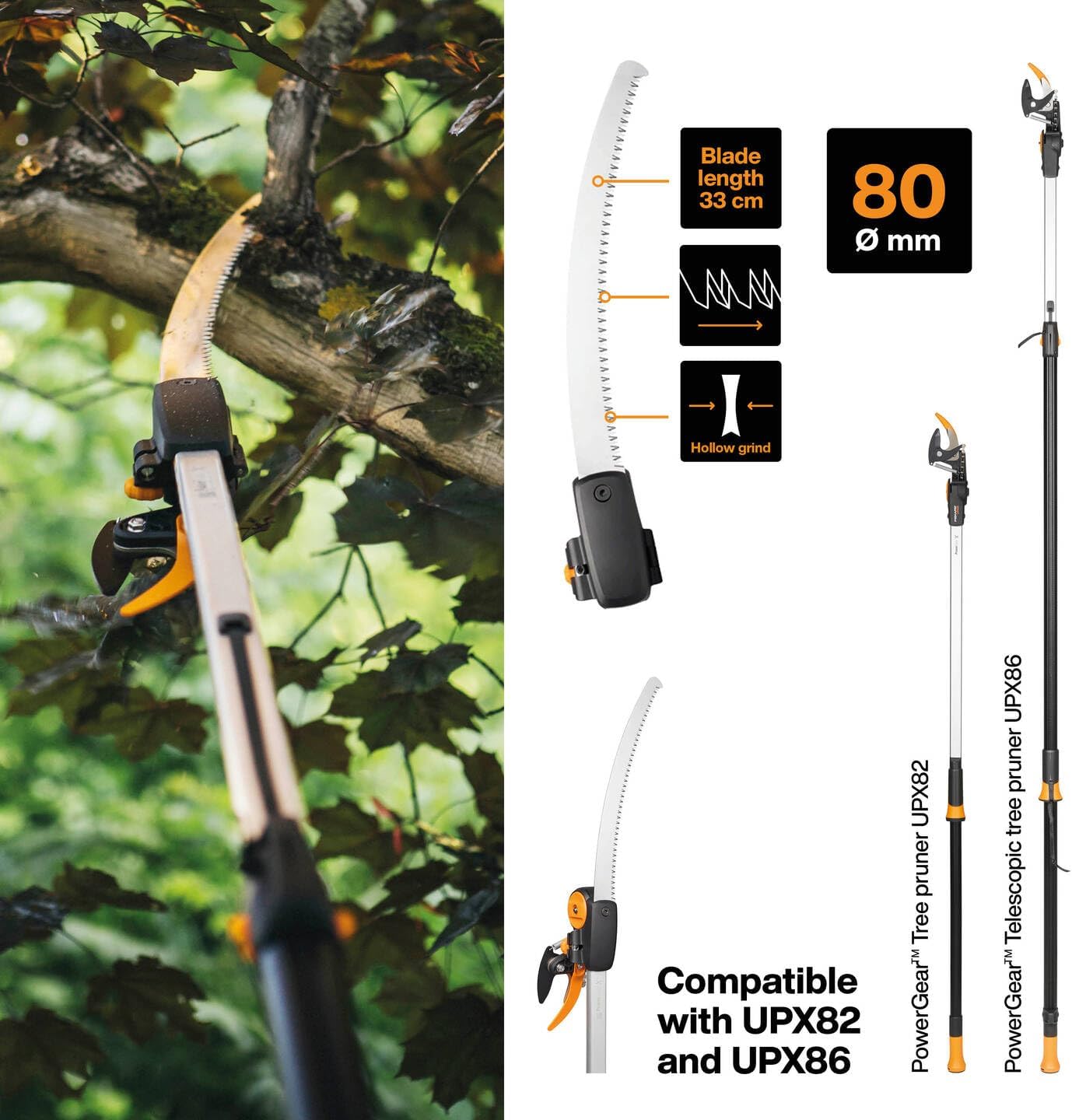 Fiskars Coupe-Branches Multifonctions Télescopique, pour Bois vert et Rameaux, Revêtement antiadhésif, Lame en acier/manche en aluminium, longueur 2,4 - 4 m, noir/orange, UPX86, 1023624