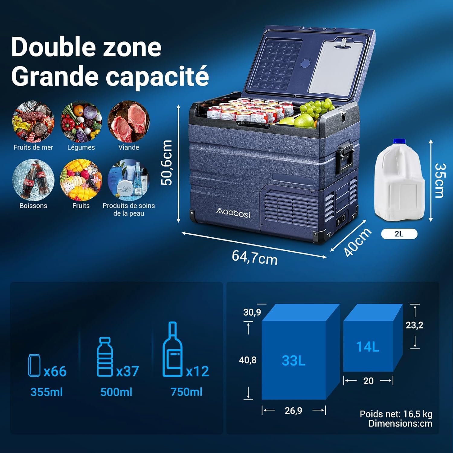 AAOBOSI 46 L Glaciere a Compression, Glaciere Electrique Double Zone, 12 V/24 V et 100-240 V Frigo Camping, -20 ℃ à 20 ℃, pour Voiture, Camion, Bateau, Camping-Car