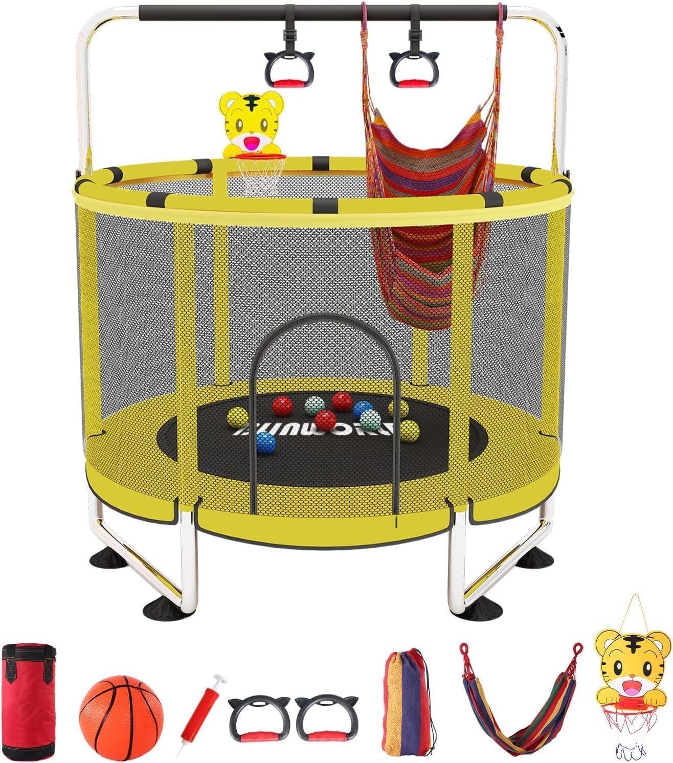 Trampoline pour Enfants, Trampoline réglable pour bébé avec Panier de Basket-Ball, Trampoline intérieur et extérieur de 200 kg avec enclos