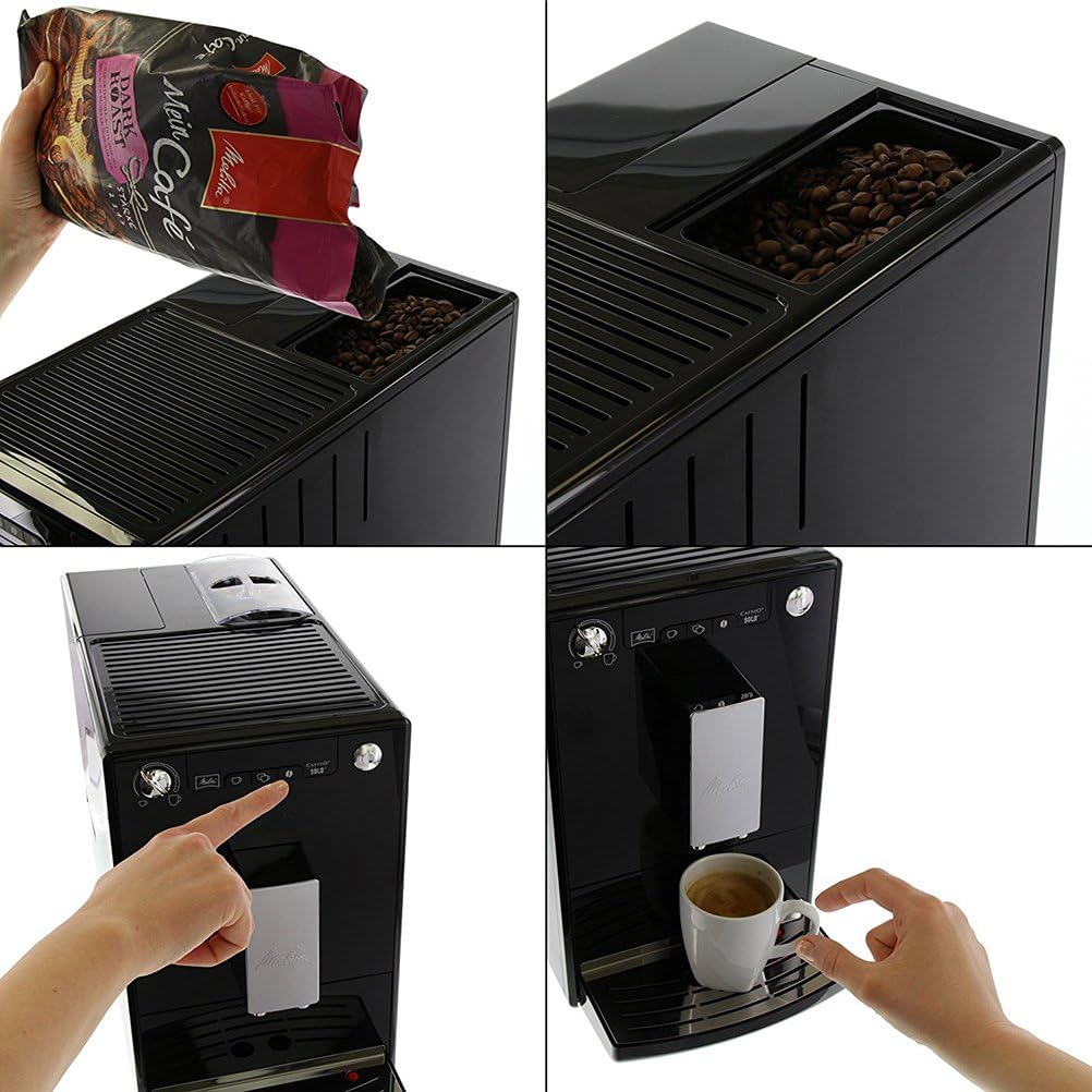 Melitta Caffeo Solo Noir Pure Black, Machine à Café à Grains avec Broyeur et Système d'Extraction des Arômes, Affichage LED, Mode 1 à 2 Tasses, Cafetière Expresso, Automatique, E950-222, 1400W