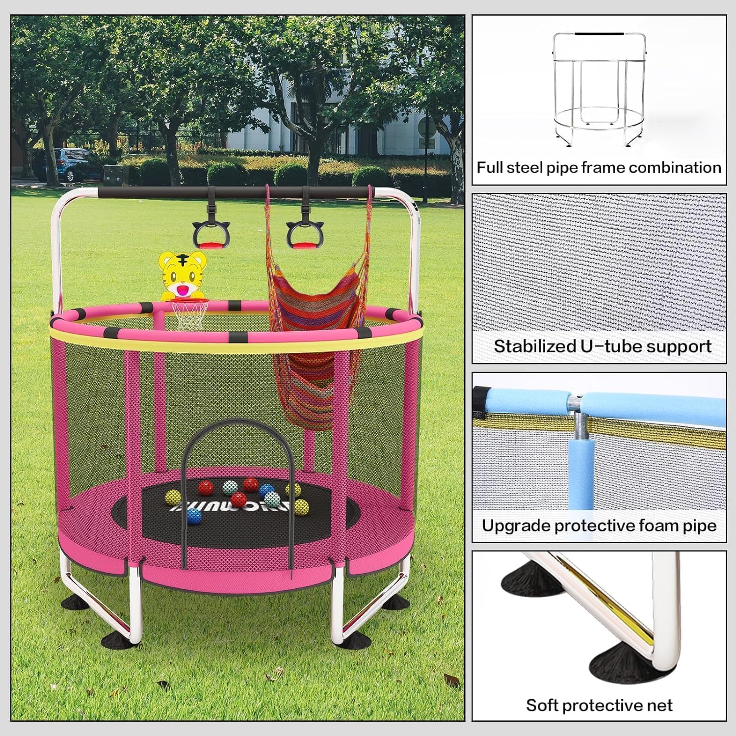 Trampoline pour Enfants, Trampoline réglable pour bébé avec Panier de Basket-Ball, Trampoline intérieur et extérieur de 200 kg avec enclos