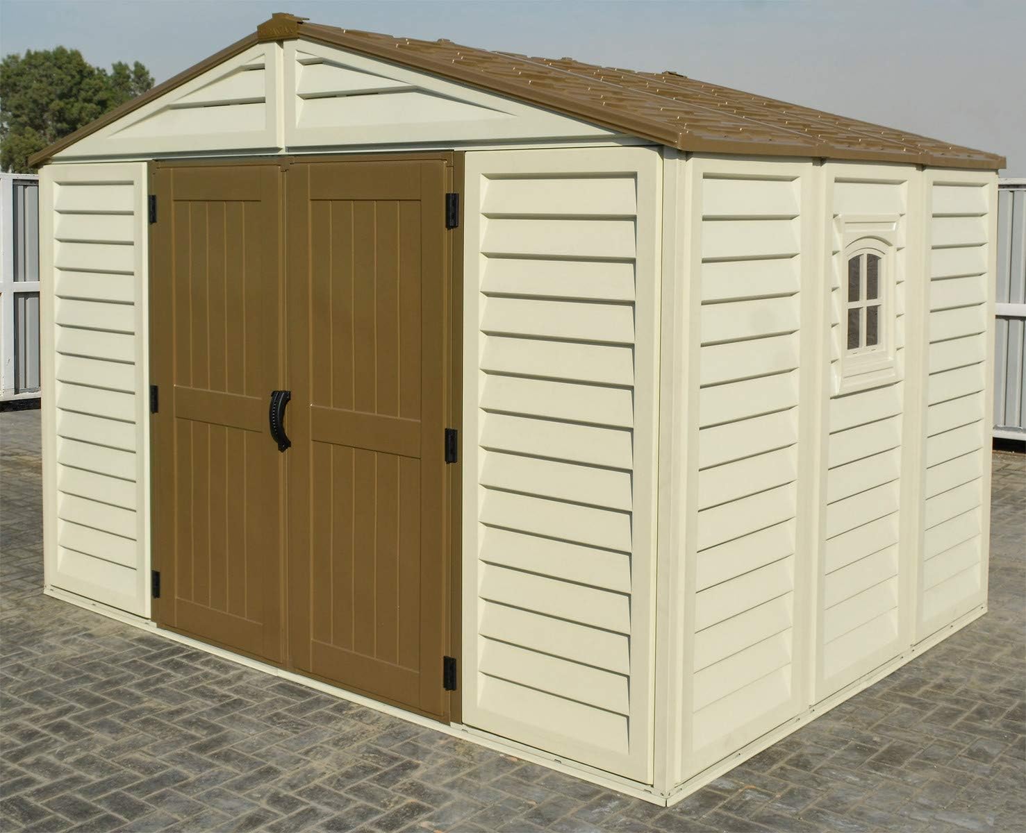 Duramax WoodBridge Plus 10 x 8 (7.64 m²) Abri de jardin en plastique avec 1 fenêtre fixe et kit de fondation en métal, structure de toit en métal robuste et abri de jardin sans entretien - Ivory/Brown