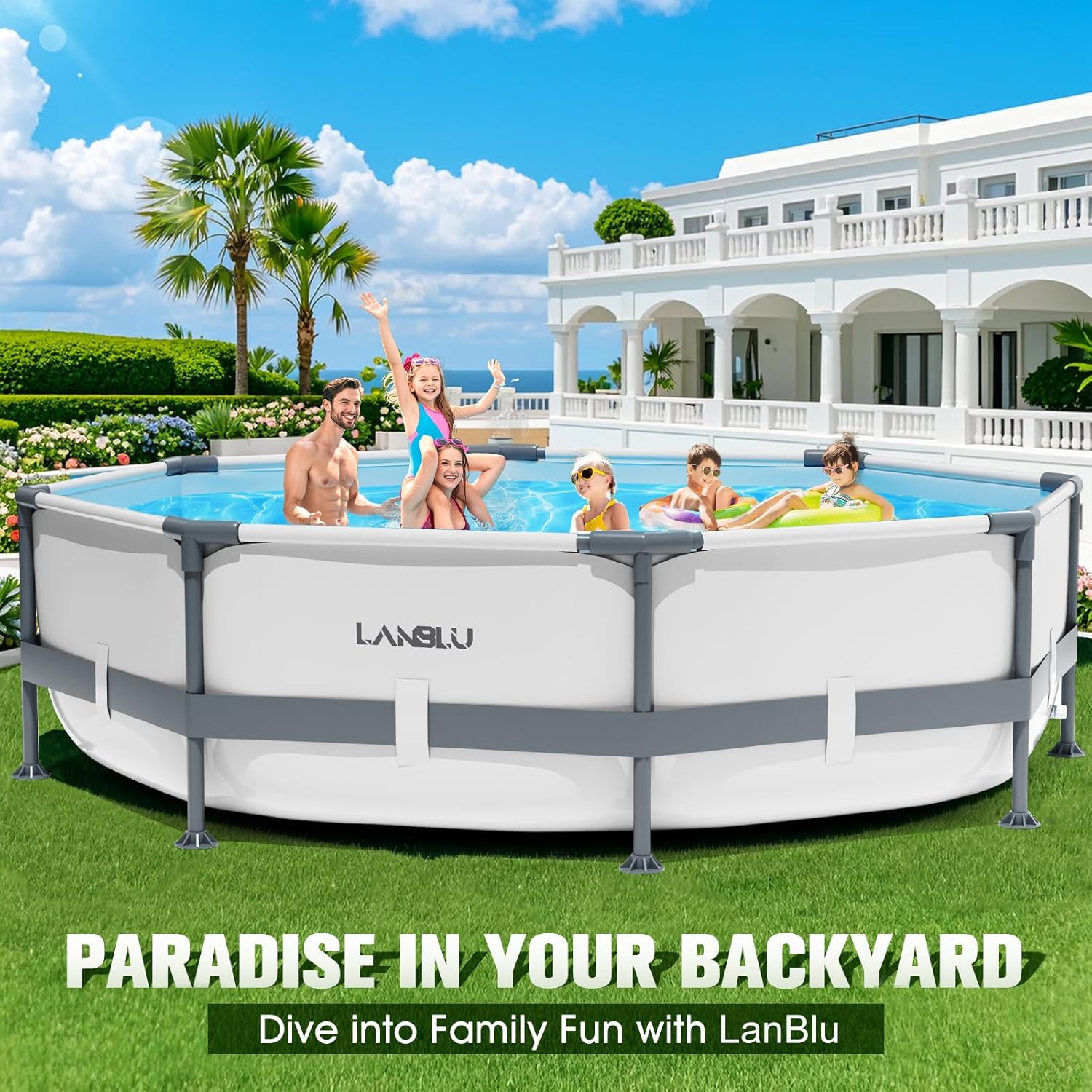 LanBlu Piscine Tubulaire Ronde 300 x 300 x 76cm, Piscine Hors Sol Ronde avec Matériau Anti-Crevaison, Grande Piscines Steel Frame Adulte Vidange Rapide, Piscines Tubulaire Jardin pour Toute la Famille