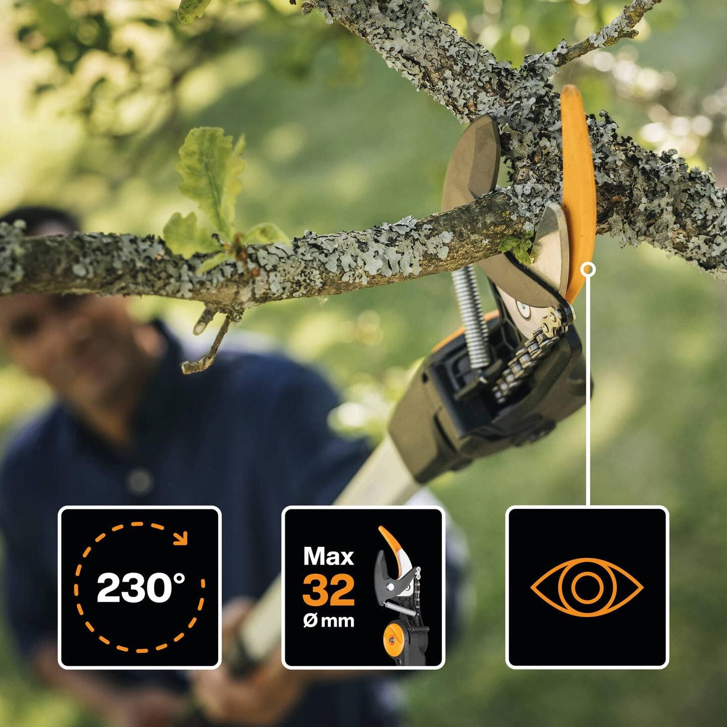 Fiskars Coupe-Branches Multifonctions Télescopique, pour Bois vert et Rameaux, Revêtement antiadhésif, Lame en acier/manche en aluminium, longueur 2,4 - 4 m, noir/orange, UPX86, 1023624