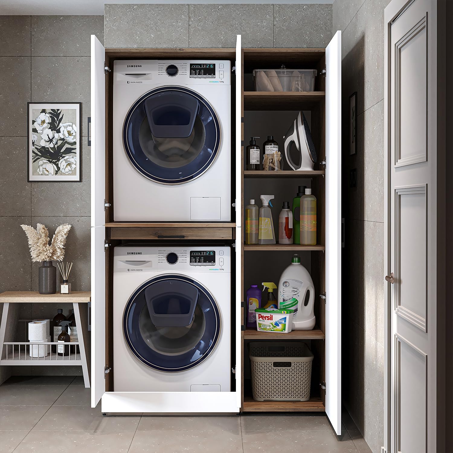 ROOMART Dora - Armoire de machine à laver - Pour sèche-linge et machine à laver - En 4 couleurs - Avec portes et panneau coulissant - Blanc - Chêne blanc - Chêne anthracite - Chêne blanc (chêne blanc)