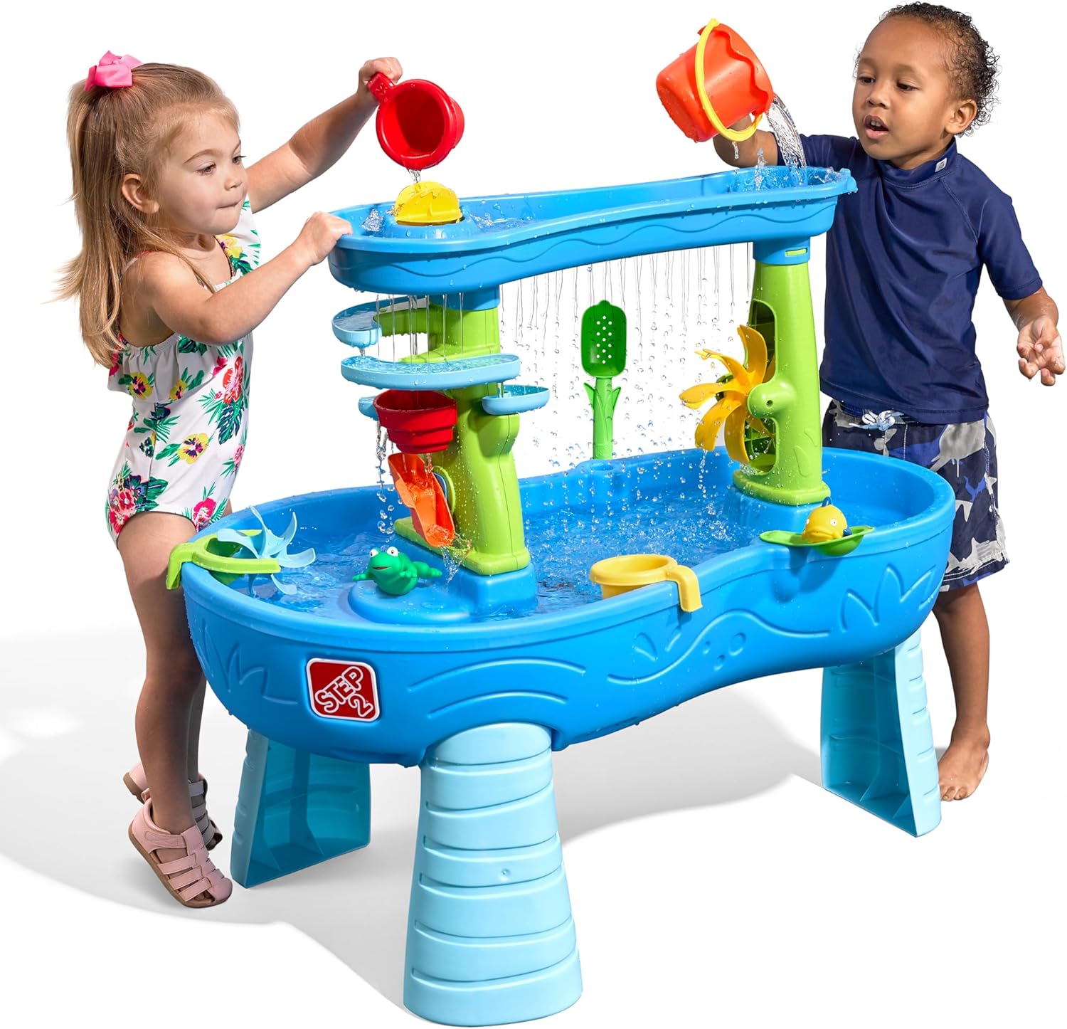 Step2 Rain Shower Splash Table d'eau avec 13 Accessoires - Bleu & Vert | Table Jeux d'eau | Table d’activité pour Le Jardin, Table Activité Eau | Table d'eau Extérieur