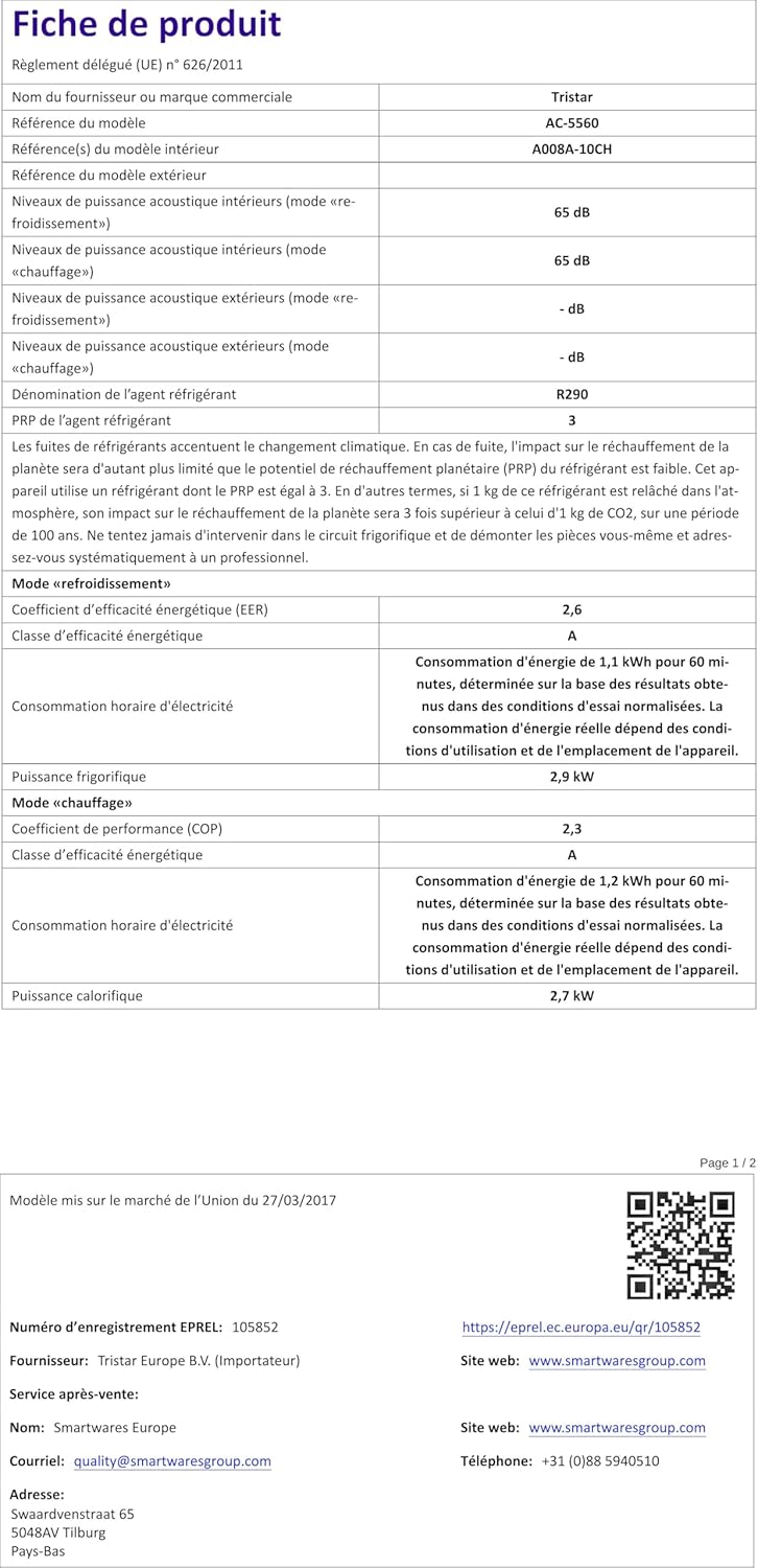 Climatiseur mobile Tristar AC-5560, 10 000 BTU et 2,9kw, fonctions refroidissement, déshumidification, ventilation et chauffage