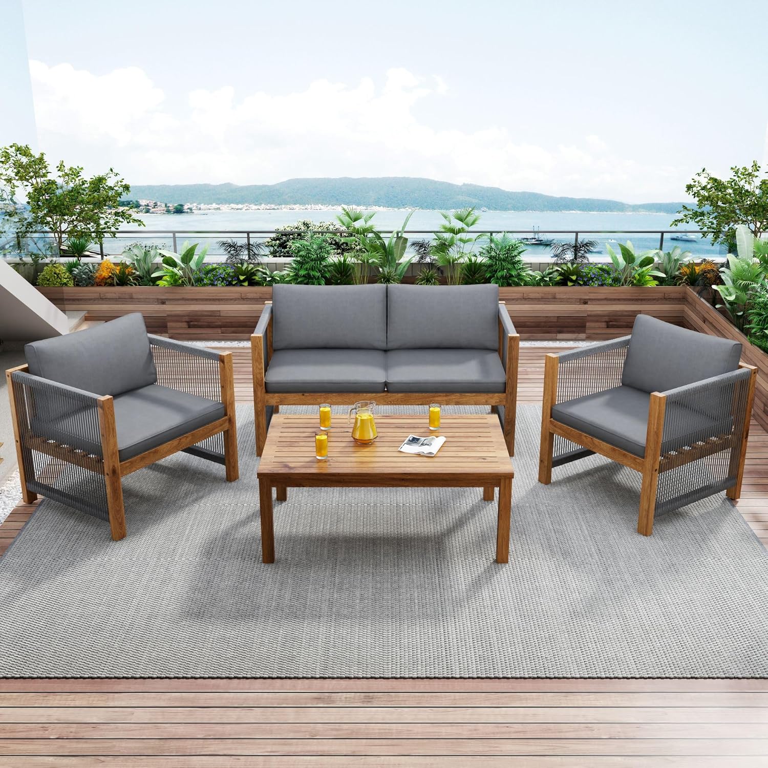 Zepneiy Salon de Jardin, Salon de Jardin 4 Personnes, avec canapé, Table Basse et Coussins, Housse en Tissu déhoussable et Lavable, Noir (Coussins d'assise Inclus)