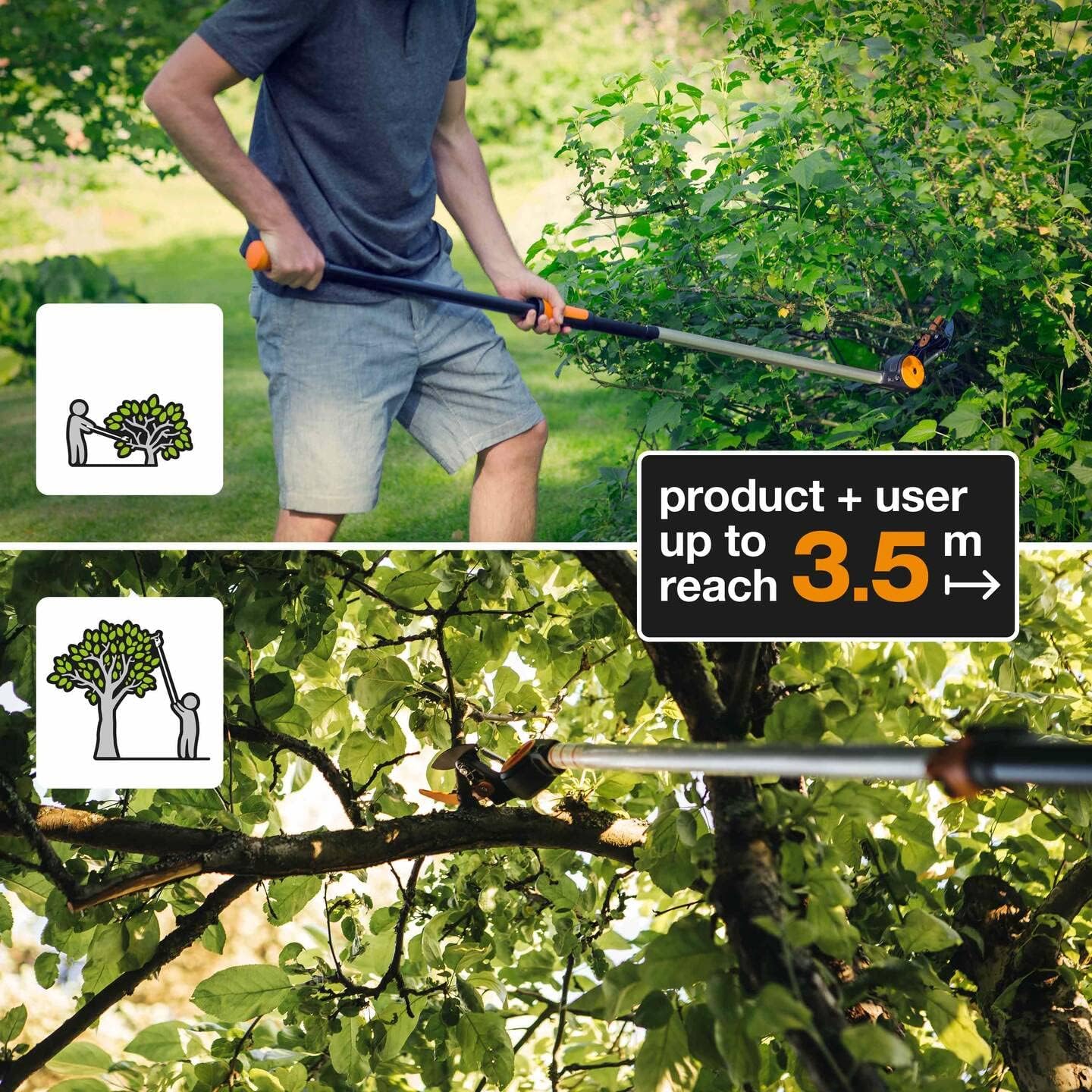 Fiskars Coupe-Branches Multifonctions Télescopique, pour Bois vert et Rameaux, Revêtement antiadhésif, Lame en acier/manche en aluminium, longueur 2,4 - 4 m, noir/orange, UPX86, 1023624