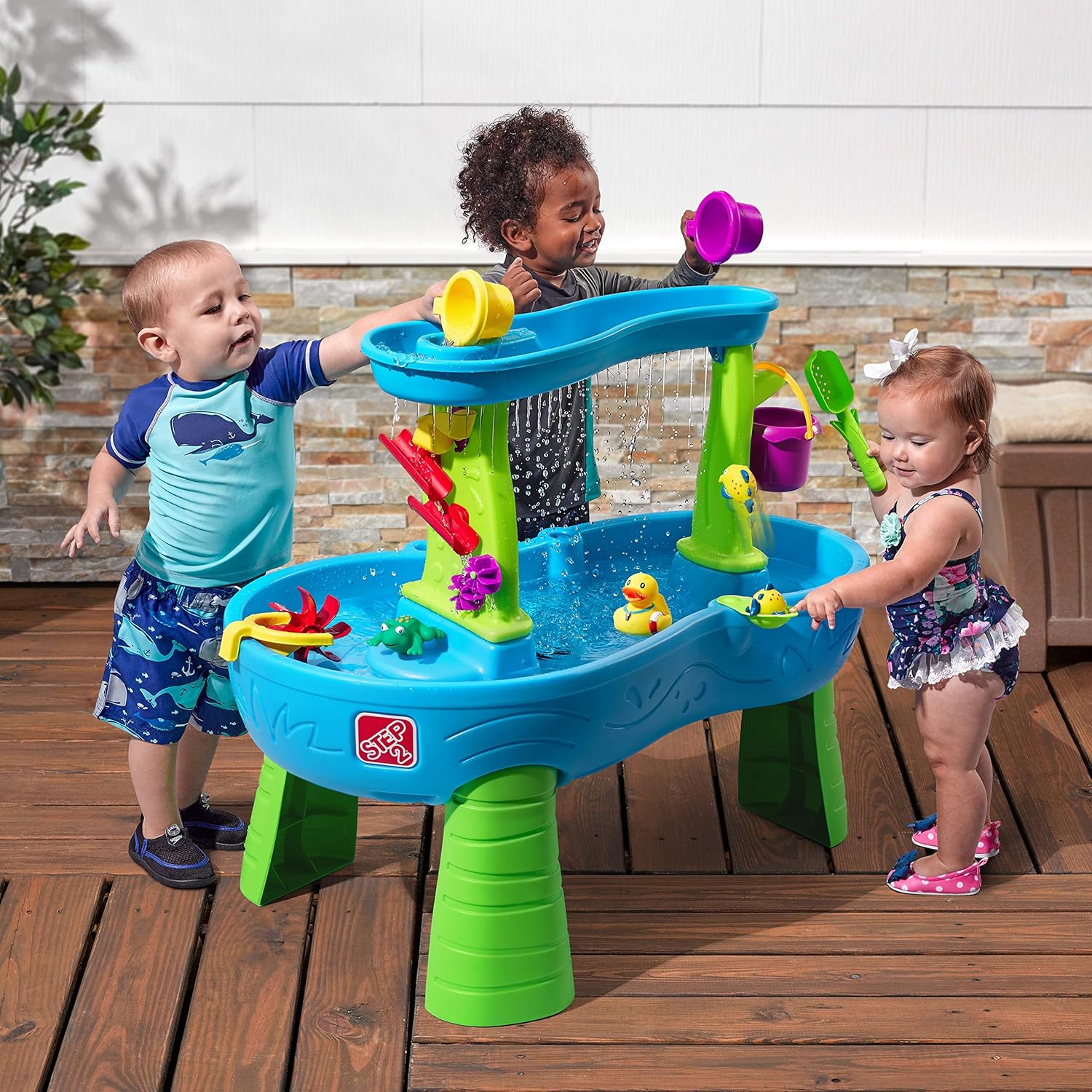 Step2 Rain Shower Splash Table d'eau avec 13 Accessoires - Bleu & Vert | Table Jeux d'eau | Table d’activité pour Le Jardin, Table Activité Eau | Table d'eau Extérieur