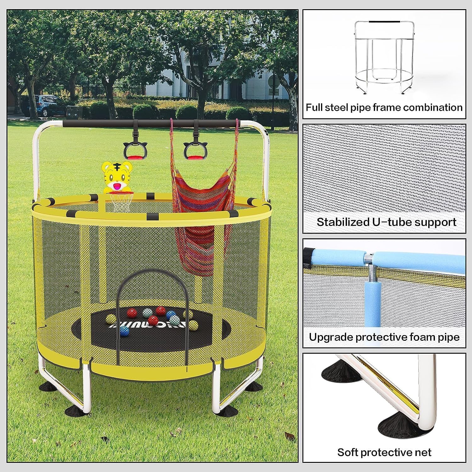 Trampoline pour Enfants, Trampoline réglable pour bébé avec Panier de Basket-Ball, Trampoline intérieur et extérieur de 200 kg avec enclos