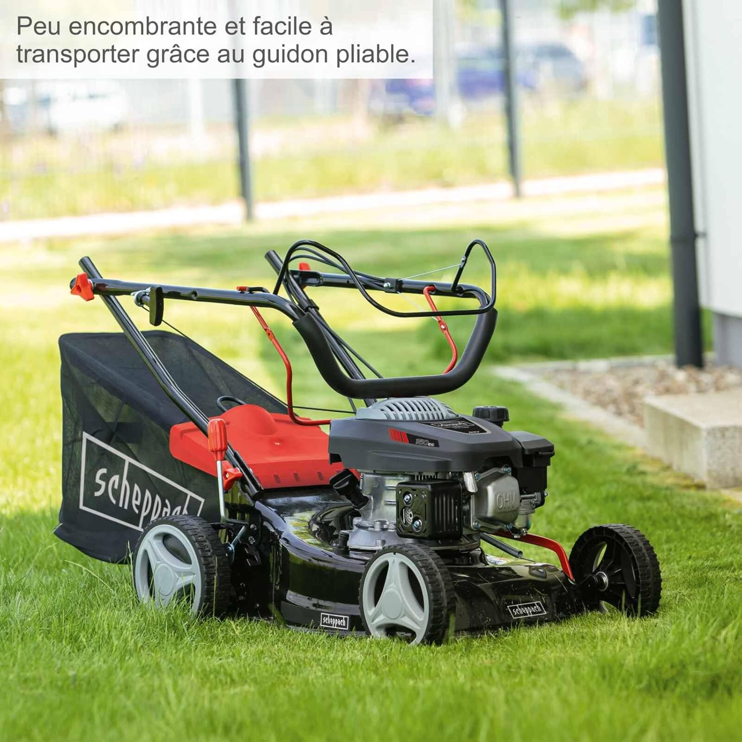 Scheppach Tondeuse à Gazon Thermique MS150-42 | Autotractée - 3,7 CV | Largeur de Coupe 42cm | Raccord Rapide de Nettoyage | Panier 45L | Hauteur - 7 Niveaux | Lame supp. + Huile Incluse