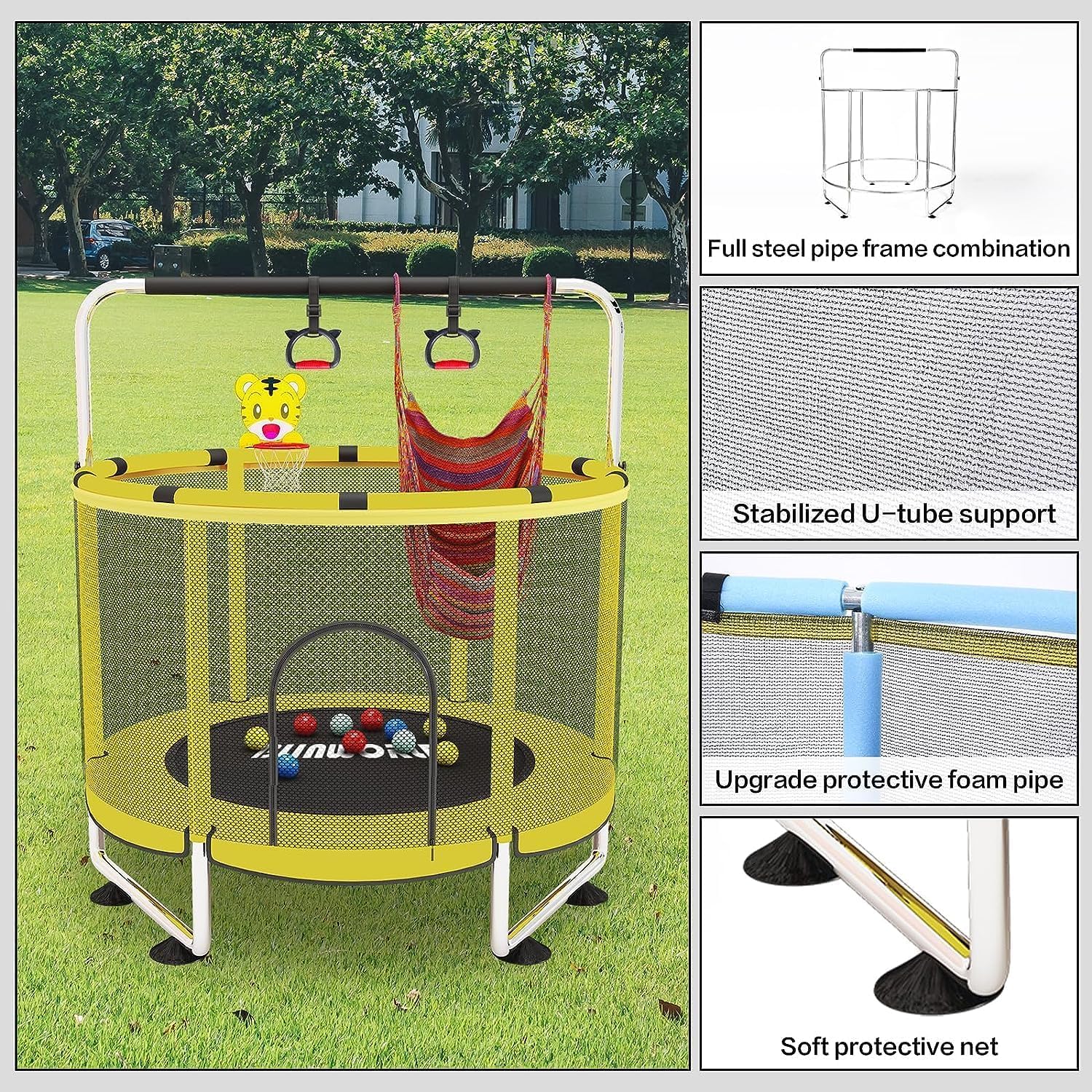 Trampoline pour Enfants, Trampoline réglable pour bébé avec Panier de Basket-Ball, Trampoline intérieur et extérieur de 200 kg avec enclos