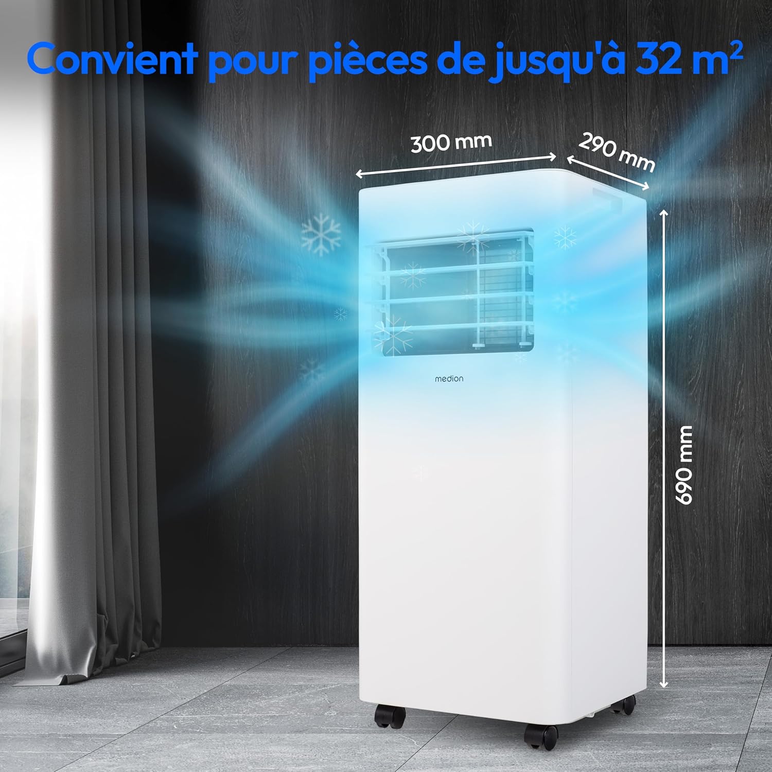 MEDION Smart Climatiseur Mobile P1002 (10000 BTU, 3-en-1, Refroidir, Déshumidification, Ventilation, jusqu'à 34m², kit de joint de fenêtre, mode sommeil, contrôle Wifi, Télécommande, Écran, MD 37733)