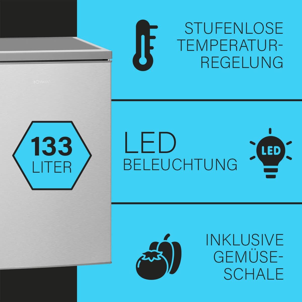 Bomann Réfrigérateur 133L blanc VS2195-1-blanc, Capacité nette : 133 litres, Éclairage intérieur à DEL, Contrôle de la température en continu, 3 clayettes en verre