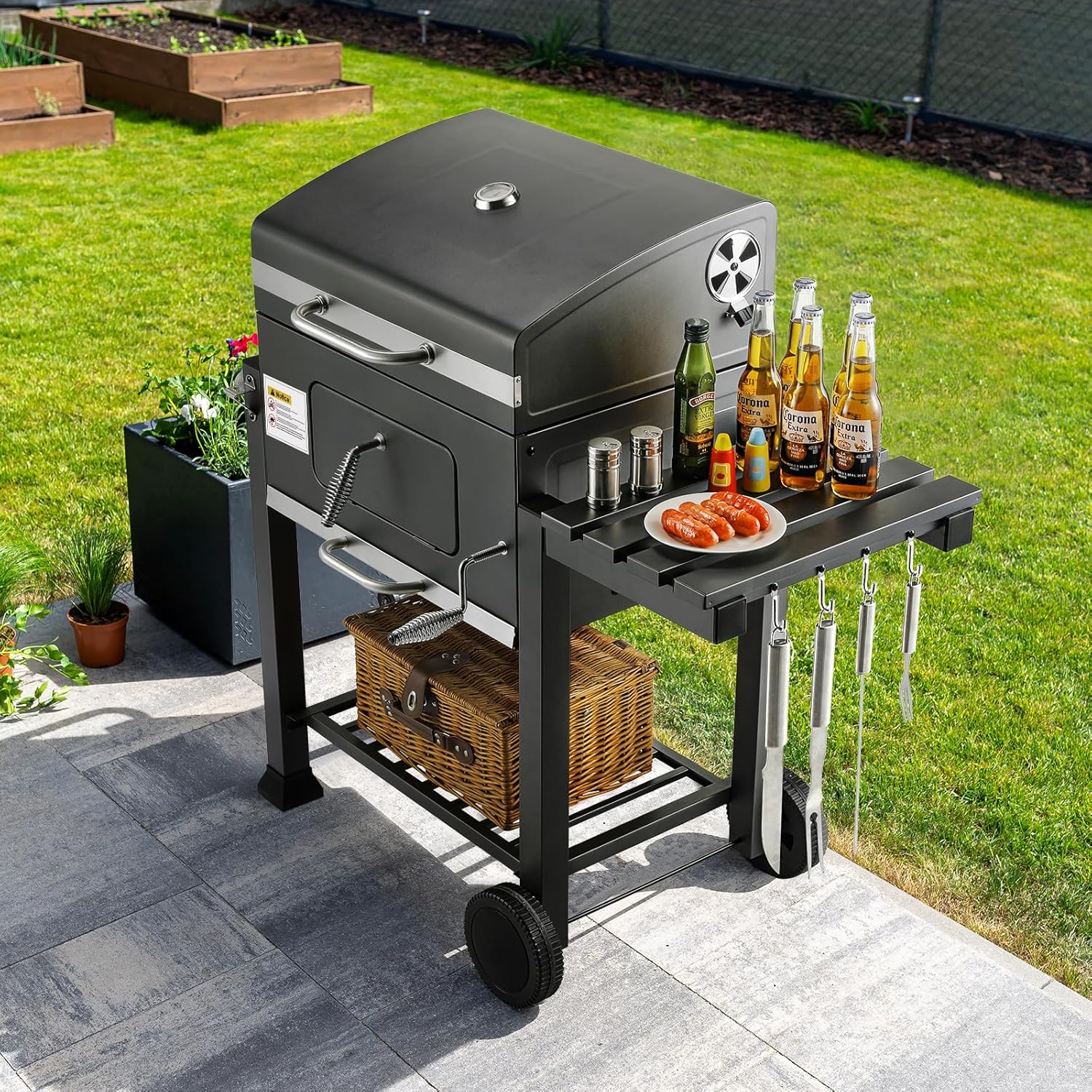 Barbecue Charbon de Bois XL, Chariot à Barbecue, Grill XL à Charbon avec Couvercle, Roues et Thermomètre, Réglable en Hauteur, Grand Barbecue au Charbon de Bois, pour Camping et Jardin, Noir