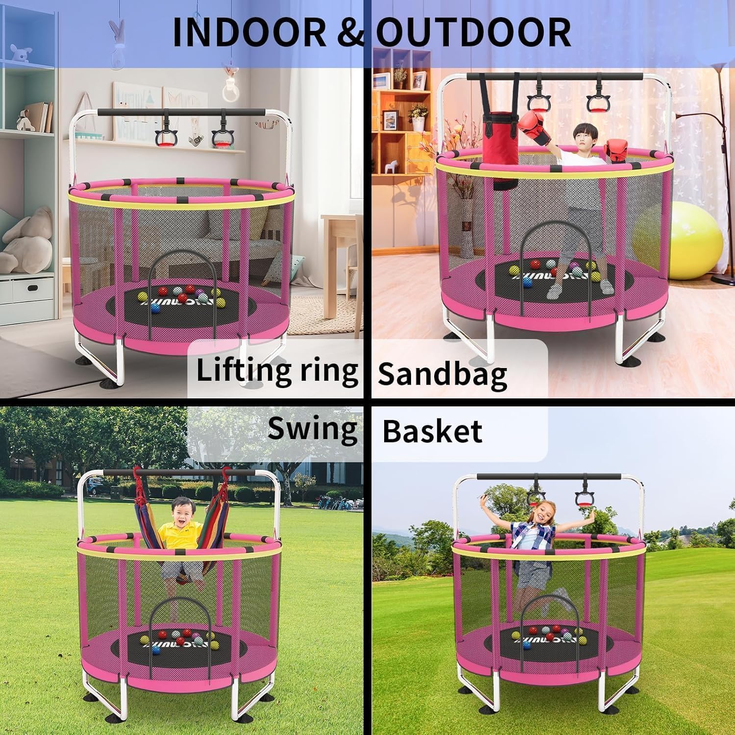 Trampoline pour Enfants, Trampoline réglable pour bébé avec Panier de Basket-Ball, Trampoline intérieur et extérieur de 200 kg avec enclos