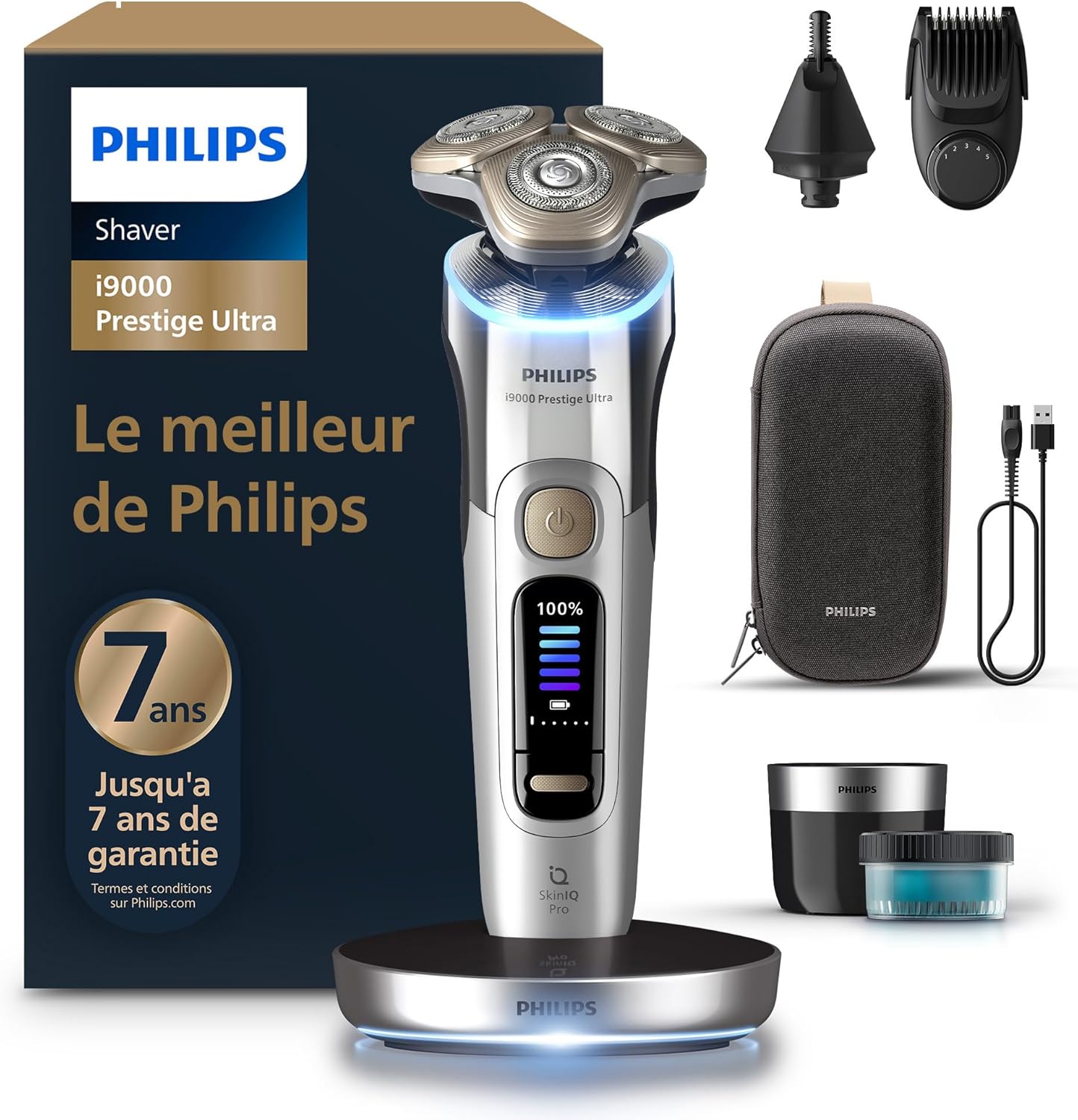 Philips Rasoir i9000 Prestige Ultra, Rasoir électrique 100% étanche, Technologie Skin IQ Pro, Système Triple Lift & Cut, Lames de précision NanoTech rotatives 360°, 5 modes de rasage, XP9401/38
