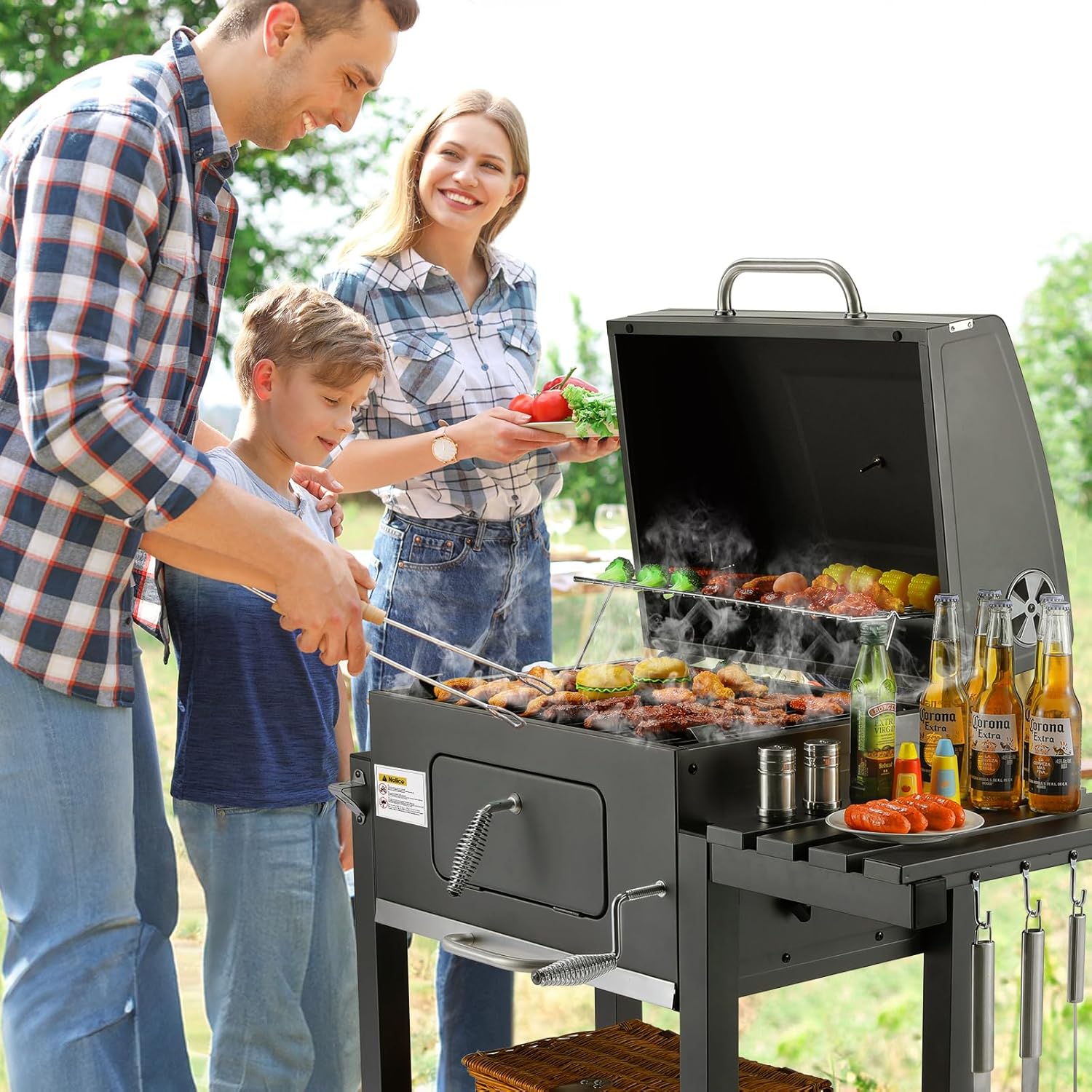 Barbecue Charbon de Bois XL, Chariot à Barbecue, Grill XL à Charbon avec Couvercle, Roues et Thermomètre, Réglable en Hauteur, Grand Barbecue au Charbon de Bois, pour Camping et Jardin, Noir