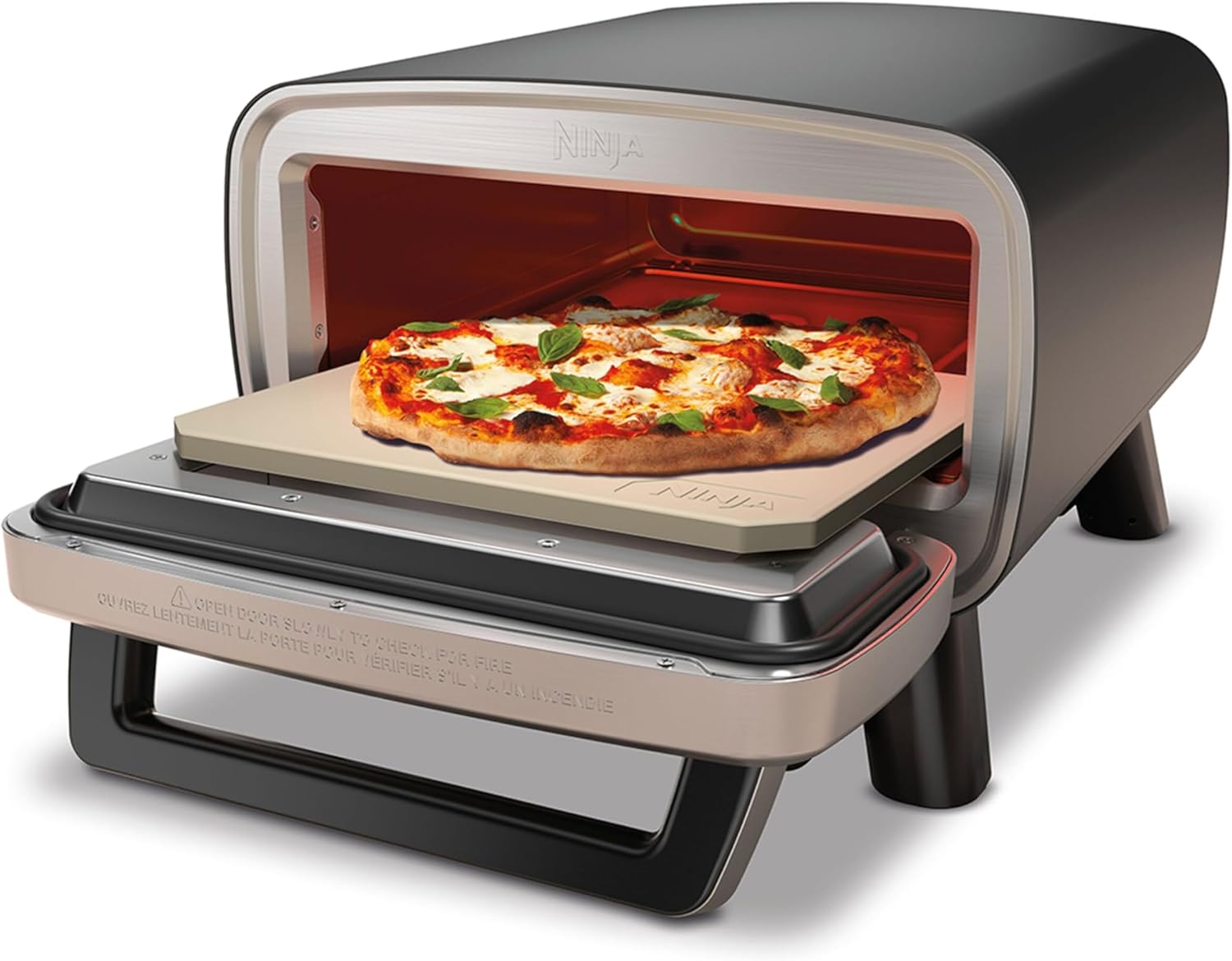 Ninja Woodfire Four à pizza extérieur électrique 8-en-1, rotissoire & fumoir barbecue avec grille, plaque pro-heat, pierre à pizza, granulés de bois et pelle, 6 réglages, orange foncé OO101EU