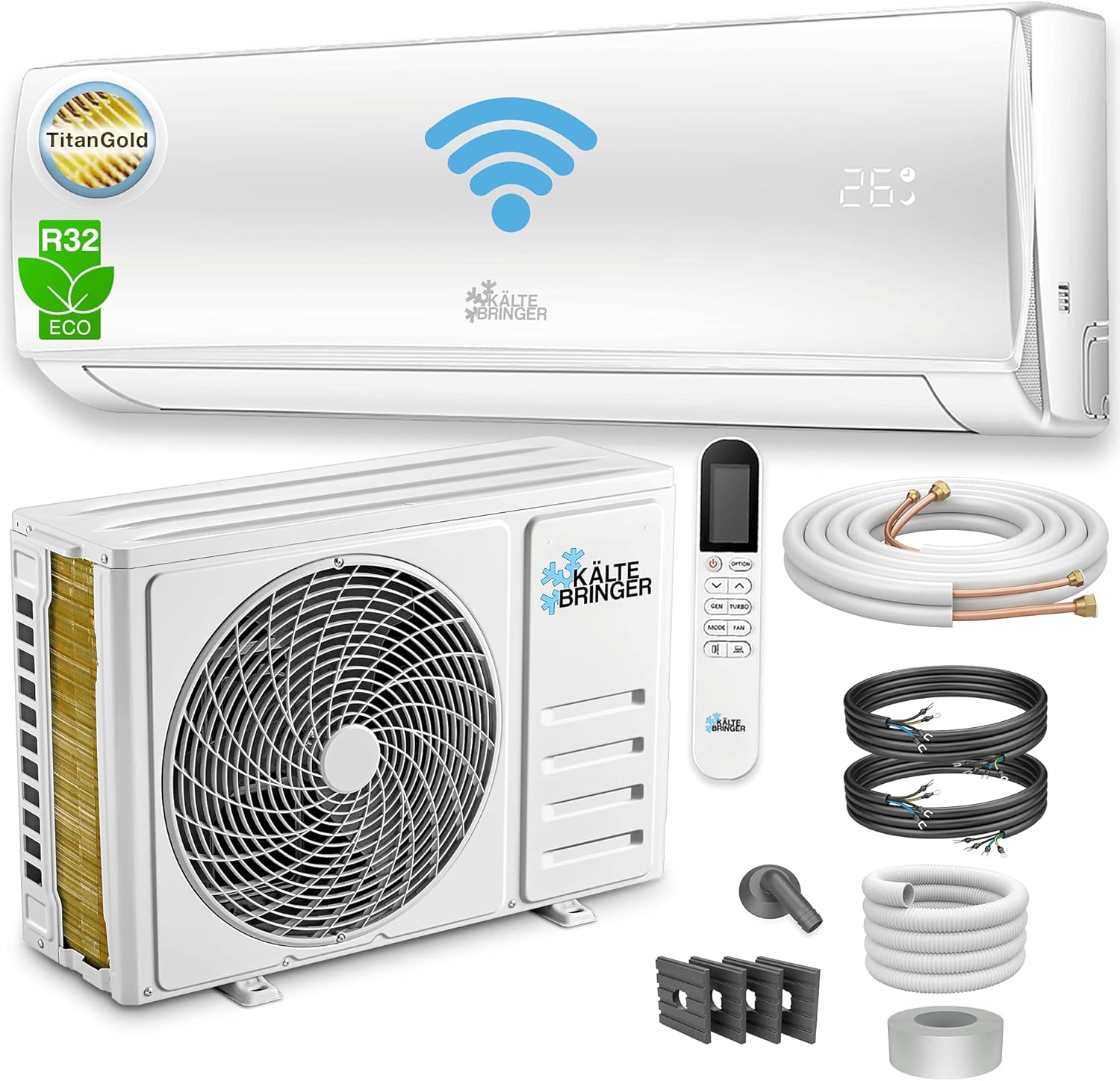 Kältebringer Climatiseur Split - 18000 BTU (5,1 kW) - Avec fonction chauffage, WiFi et App - très silencieux & économe en énergie - kit complet, 5m conduite de frigorigène, R32, matériel de montage