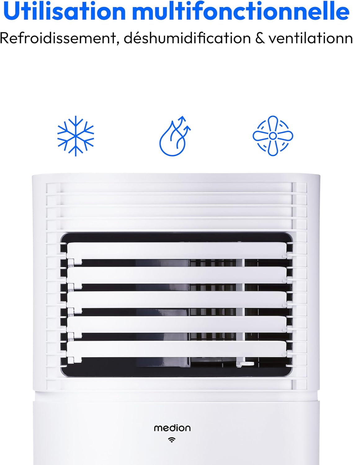 MEDION Smart Climatiseur Mobile P1002 (10000 BTU, 3-en-1, Refroidir, Déshumidification, Ventilation, jusqu'à 34m², kit de joint de fenêtre, mode sommeil, contrôle Wifi, Télécommande, Écran, MD 37733)