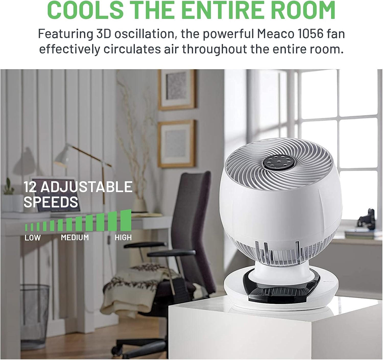 Meaco MeacoFan 1056 Circulateur d'air pour chambre à coucher, ventilateur de bureau, faible bruit, économie d'énergie, refroidissement dans toute la pièce - Blanc