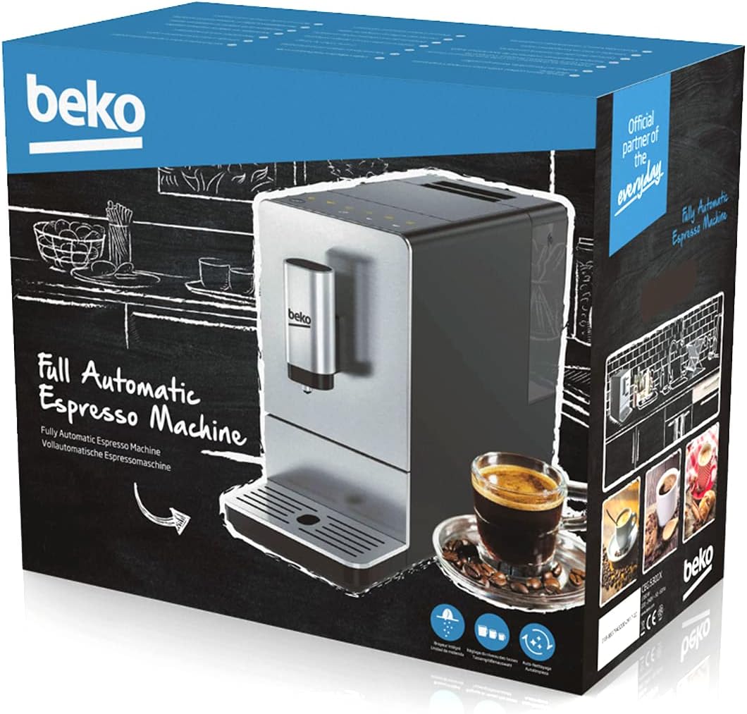 BEKO, Machine à café, expresso automatique, 1350 W / 19 bars, Capacité café : 125 g, Capacité eau : 1,4L, Système autonettoyant, 5 niveaux de broyage, Arrêt automatique, Façade Inox Brossé