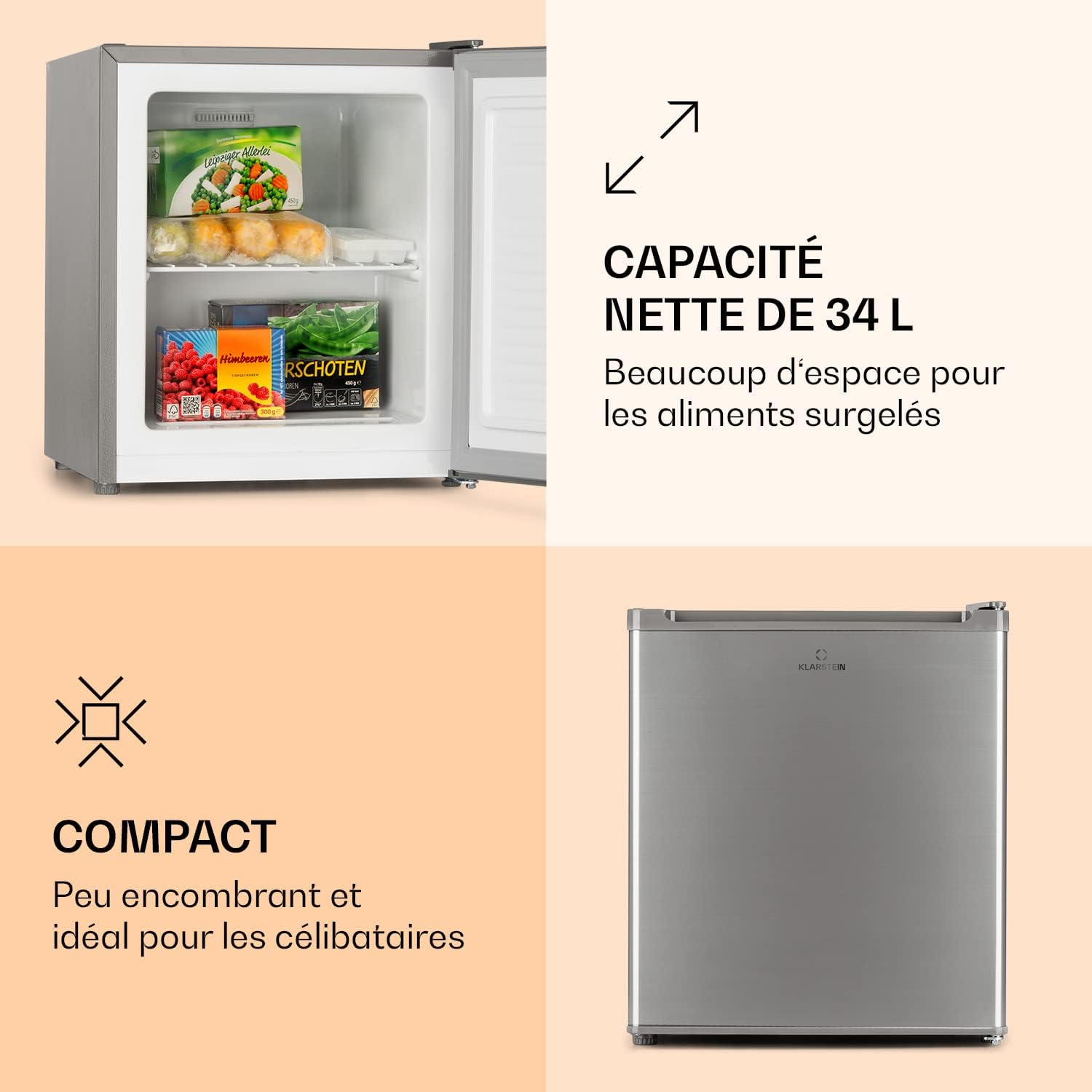 Klarstein Mini Congelateur Armoire, Petit Congélateur pour la Chambre et la Maison, Mini congélateur 33L, Congelateur Petite Taille avec Etagère, Econome en Energie, Appareil à glaçons et Grattoir