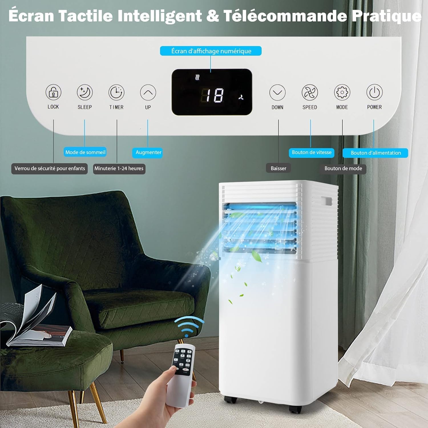 GOPLUS Climatiseur Mobile 9000BTU 2,6kW, Climatiseur 4 en 1 Fonction de Refroidissement, Déshumidification, Ventilation, Mode Nuit, Minuterie 24H, Contrôle Télécommande/Écran, 20㎡, Noir, R290